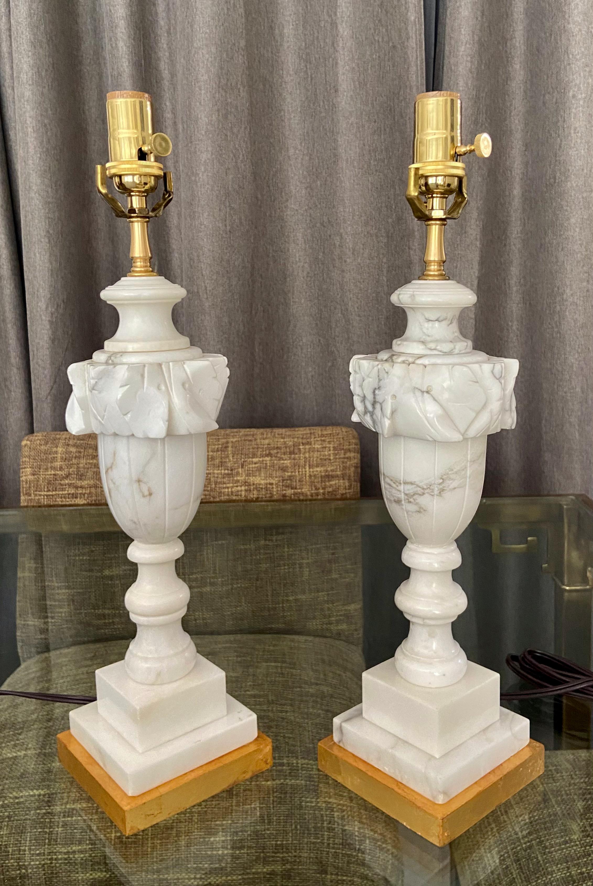 Pair of Italian Urn Neoclassic Alabaster Table Lamps In Good Condition For Sale In Palm Springs, CA