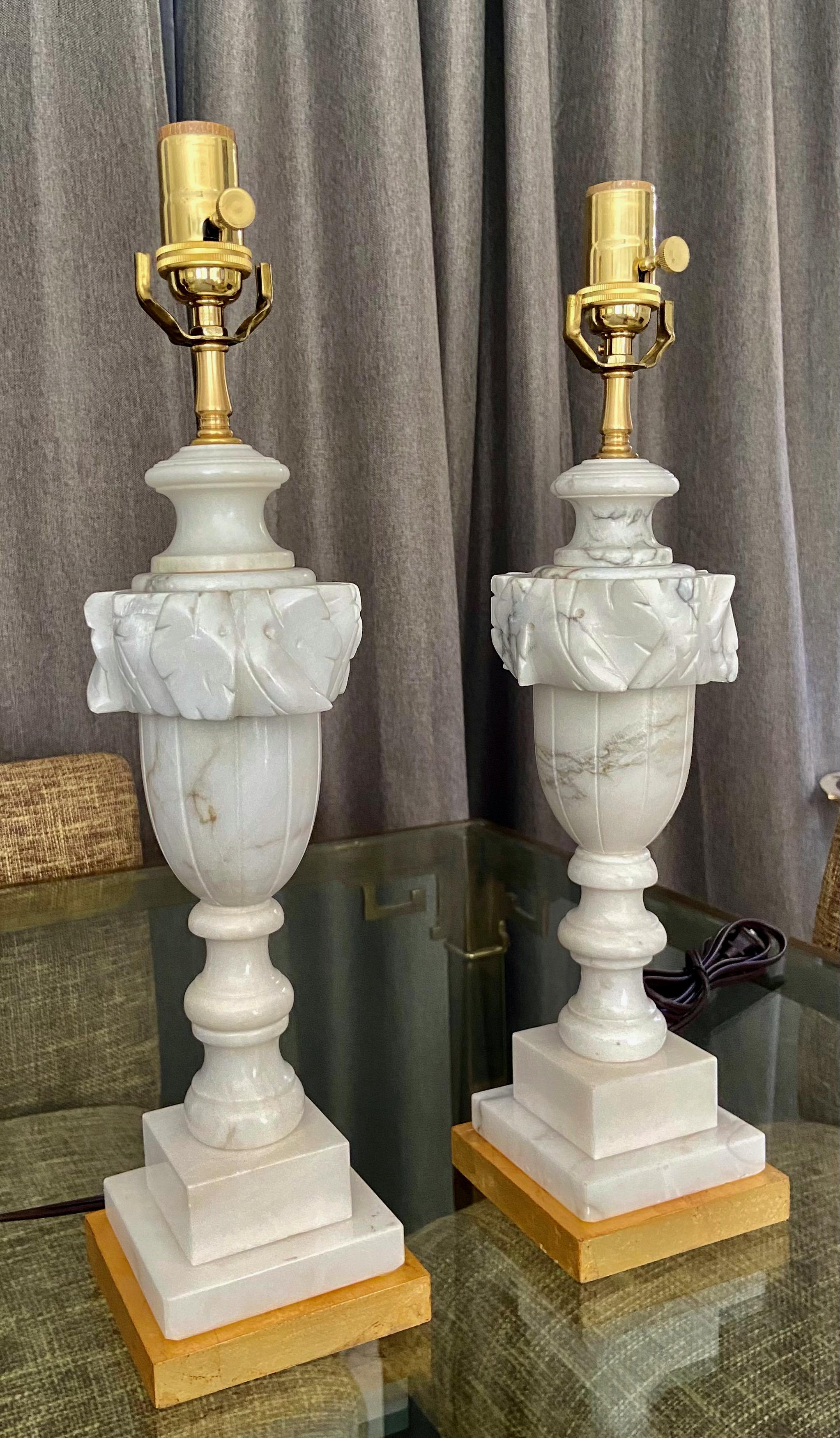 Mid-20th Century Pair of Italian Urn Neoclassic Alabaster Table Lamps For Sale