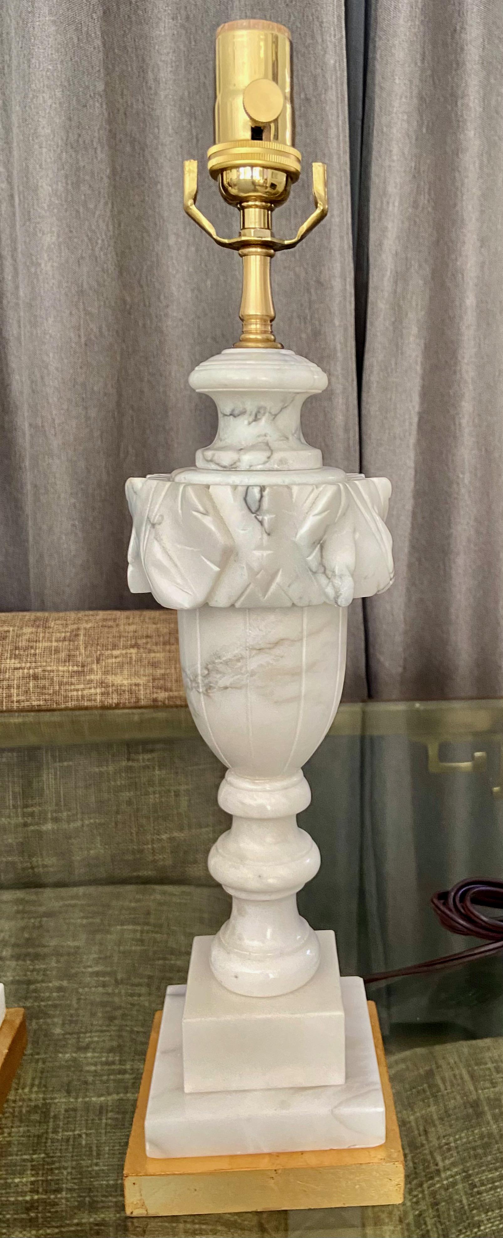 Pair of Italian Urn Neoclassic Alabaster Table Lamps For Sale 2