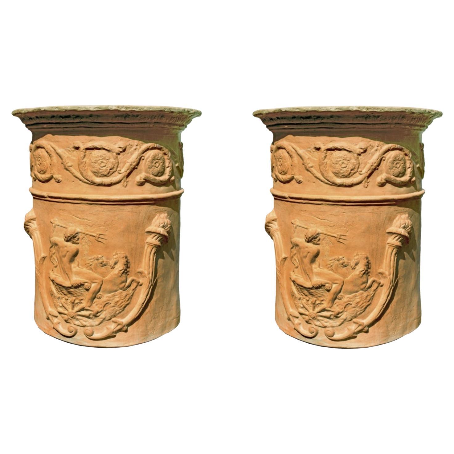 Pair of Italian Vase of Neptune, Cylindrical, Early 20th Century