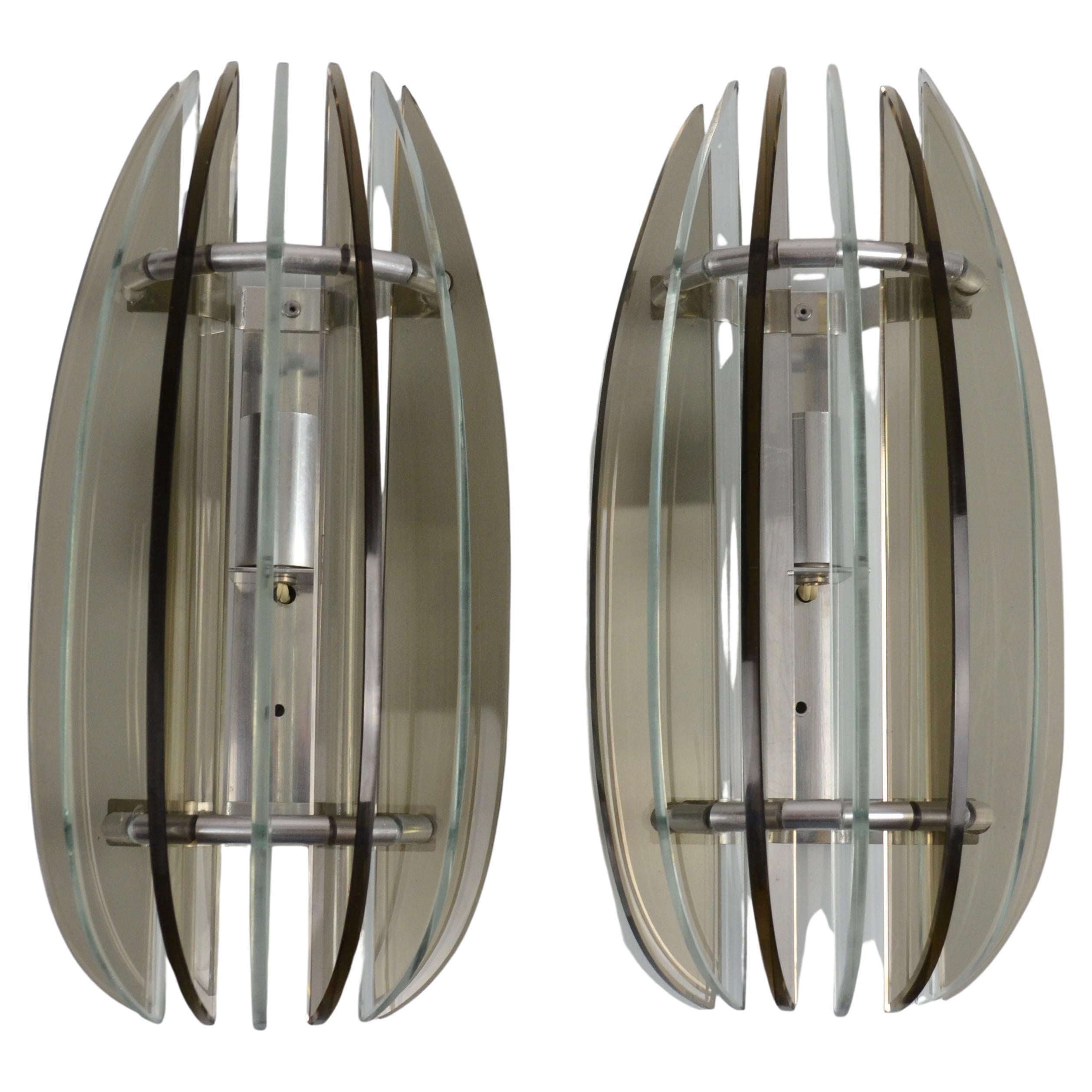 Pair of Italian VECA Smoked and Clear Glass Wall Sconces, 9-Blade Model, 1970s