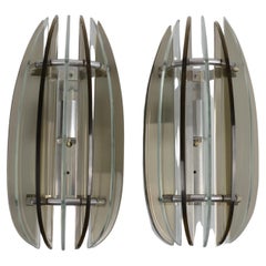 Pair of Italian VECA Smoked and Clear Glass Wall Sconces, 9-Blade Model, 1970s Pair of Italian VECA Smoked and Clear Glass Wall Sconces, 9-Blade Model, 1970s