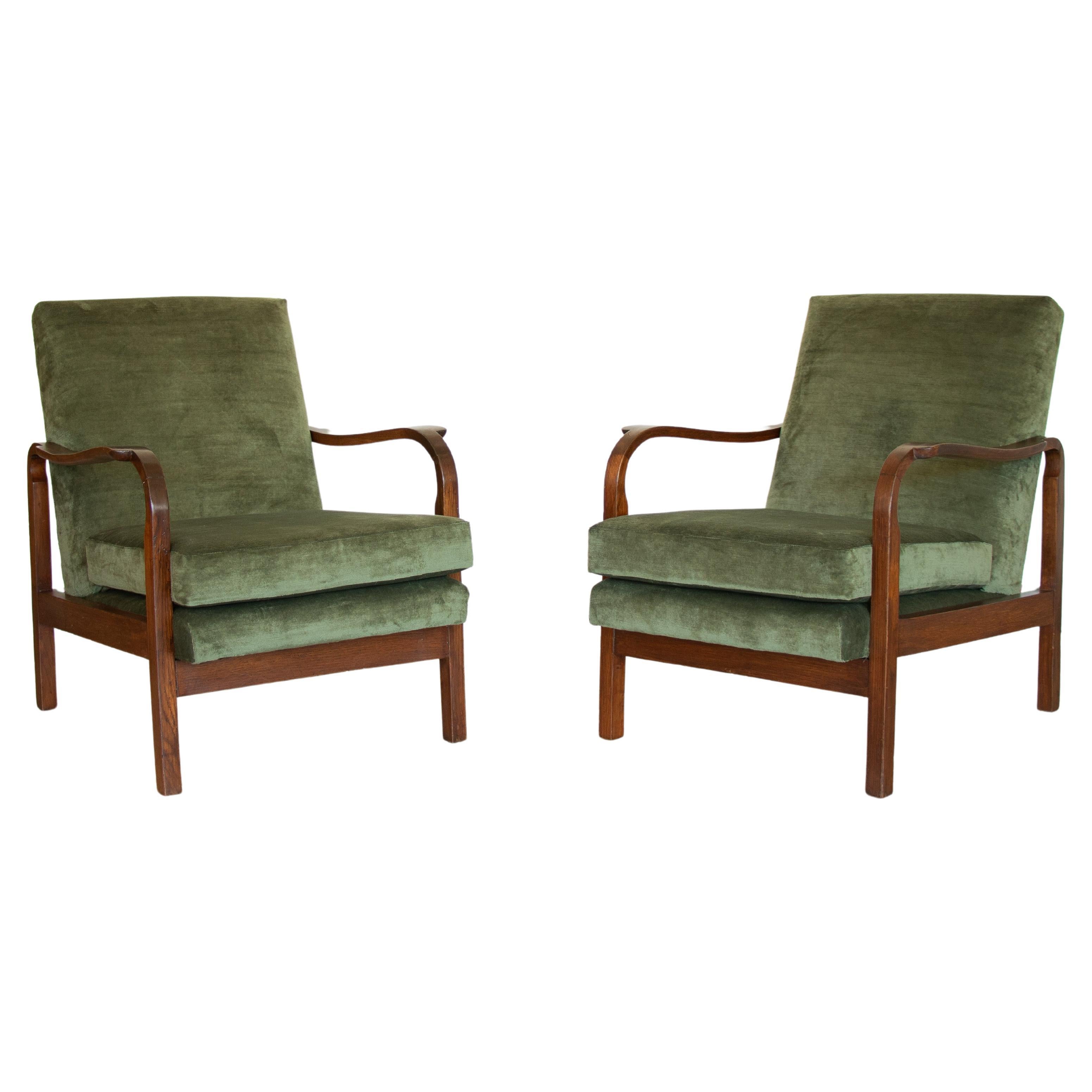Pair of Italian Velvet and Wood Armchairs For Sale