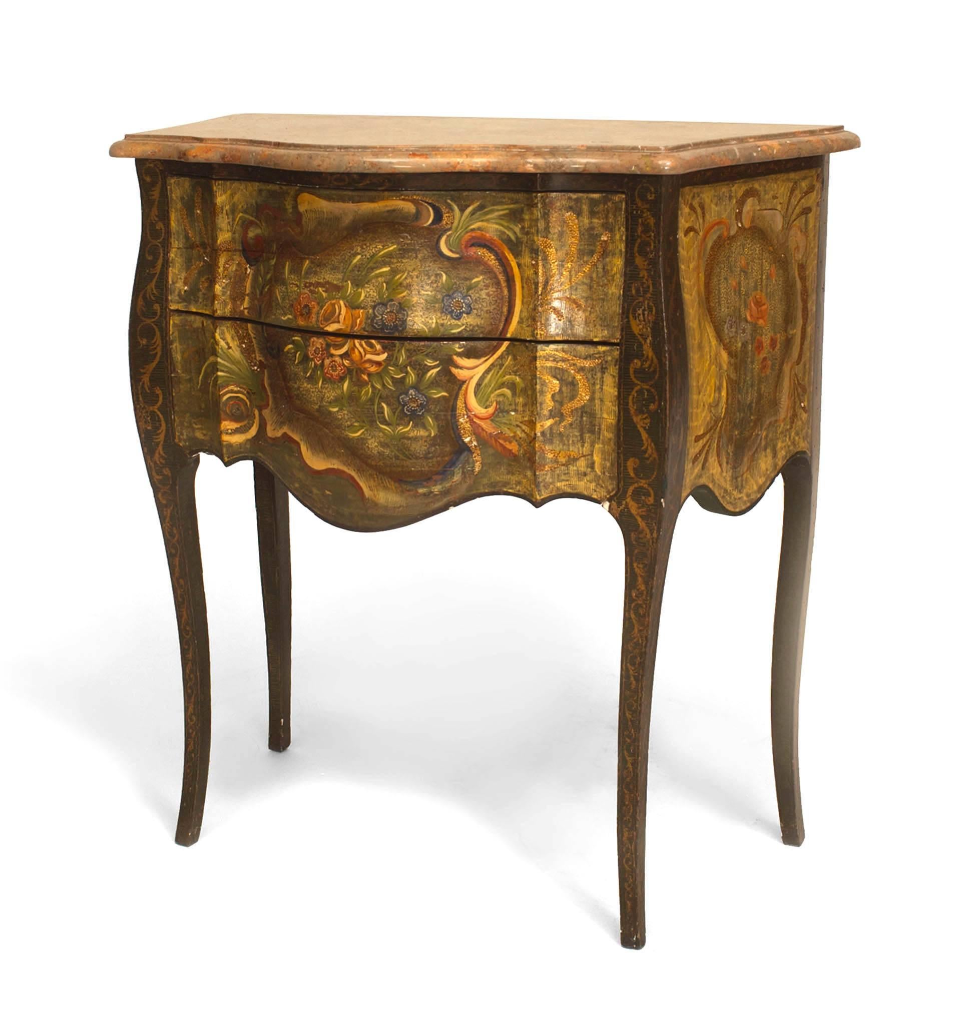 Pair of Italian Venetian (19/20th Century) floral painted and decorated 2 drawer commodes with shaped marble top (PRICED AS Pair).
