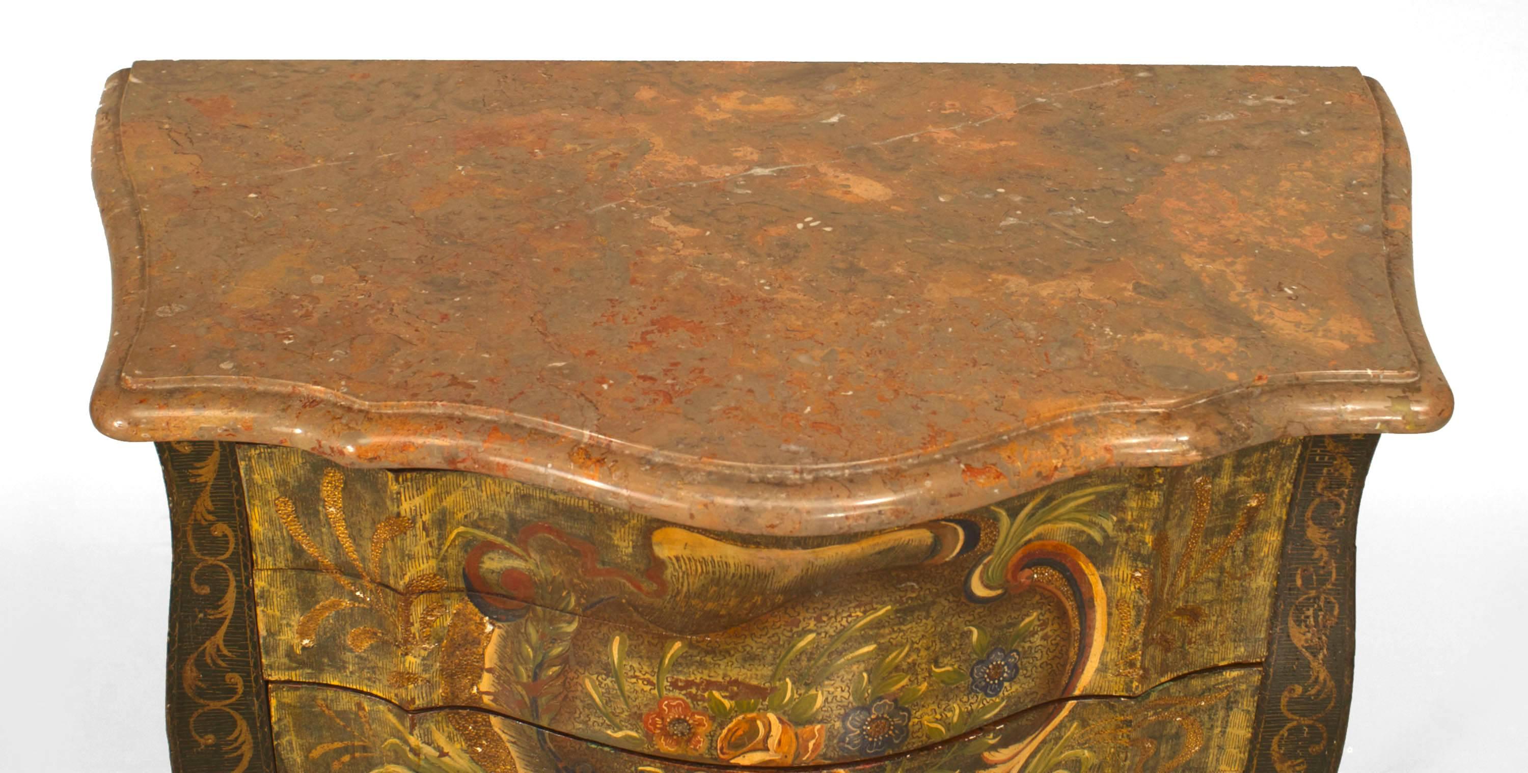 Italian Pair of Venetian Floral Painted & Marble Top Commodes For Sale