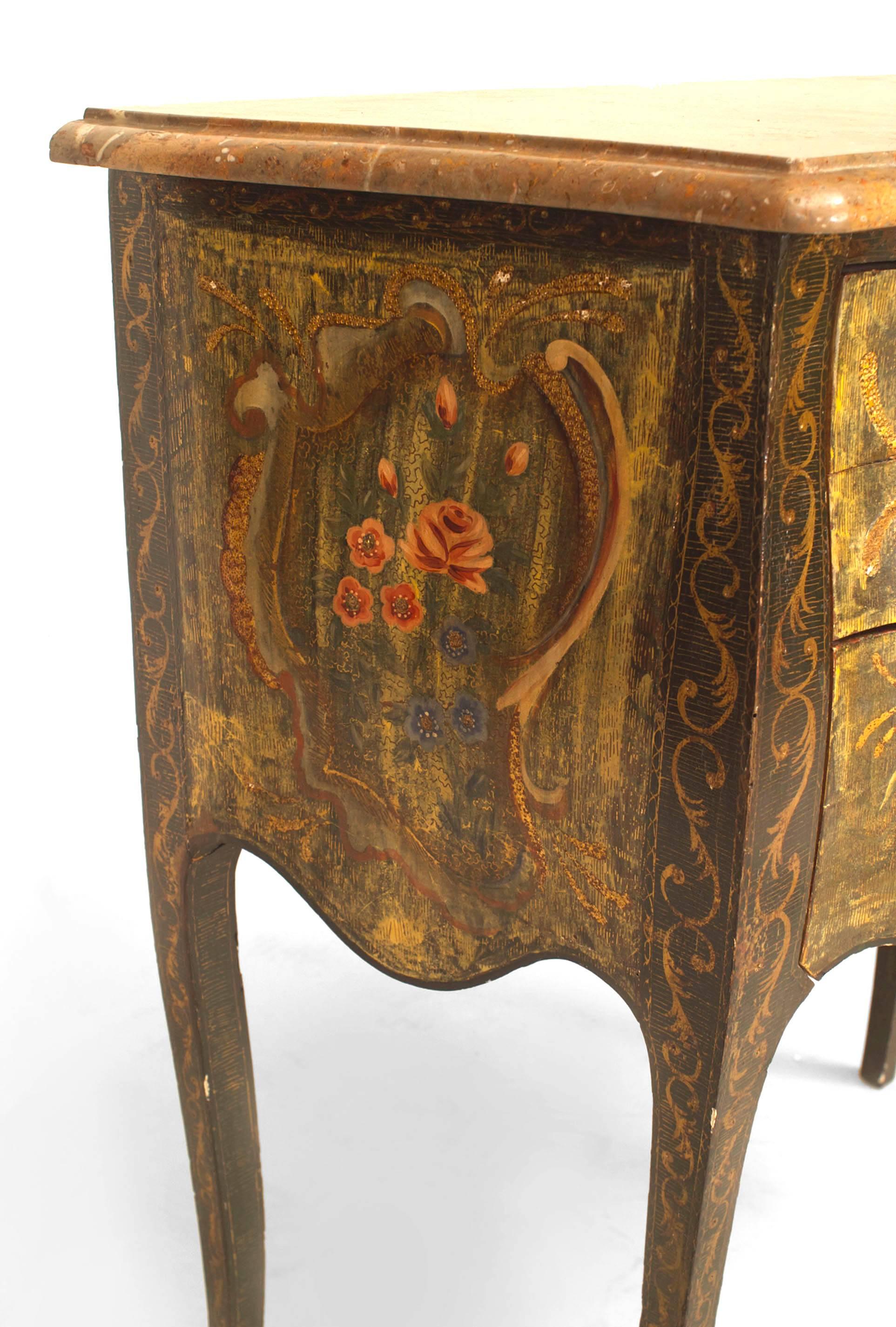 Pair of Venetian Floral Painted & Marble Top Commodes In Good Condition For Sale In New York, NY