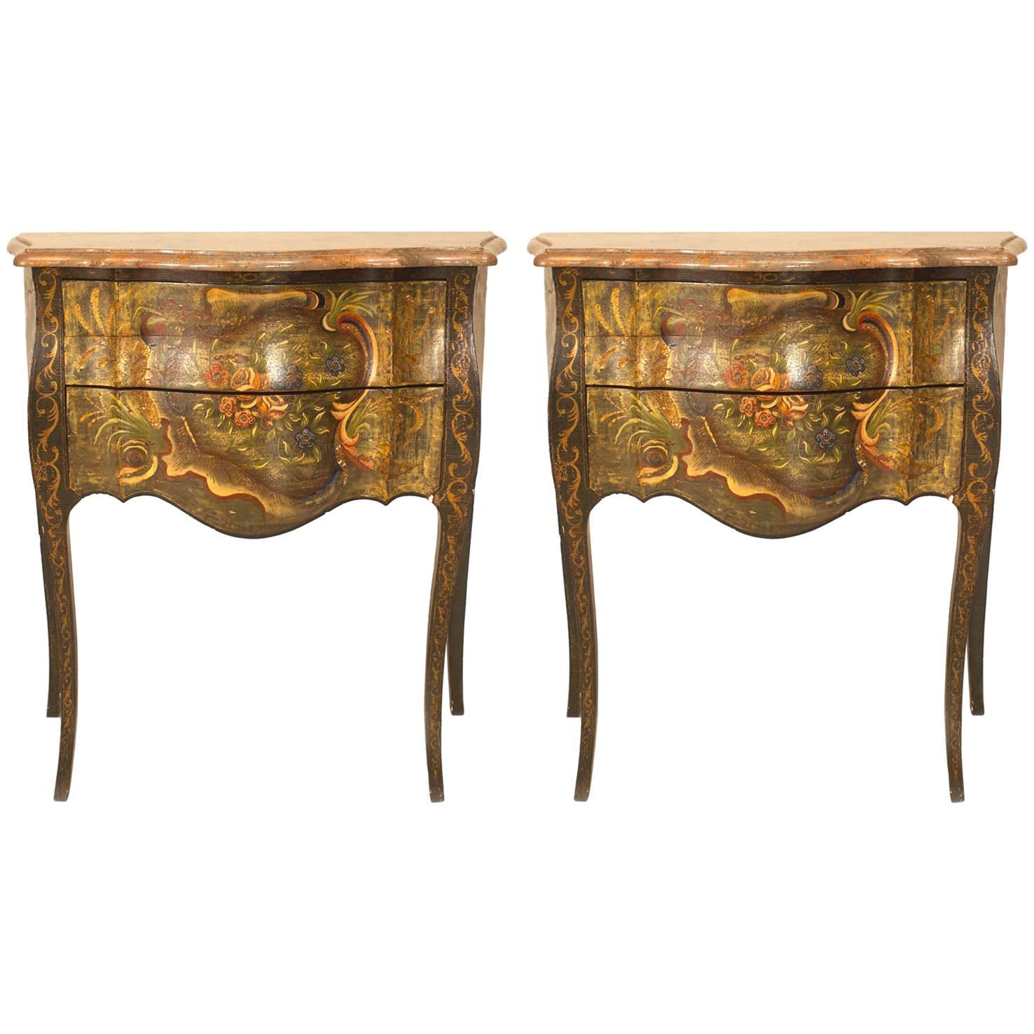 Pair of Venetian Floral Painted & Marble Top Commodes For Sale