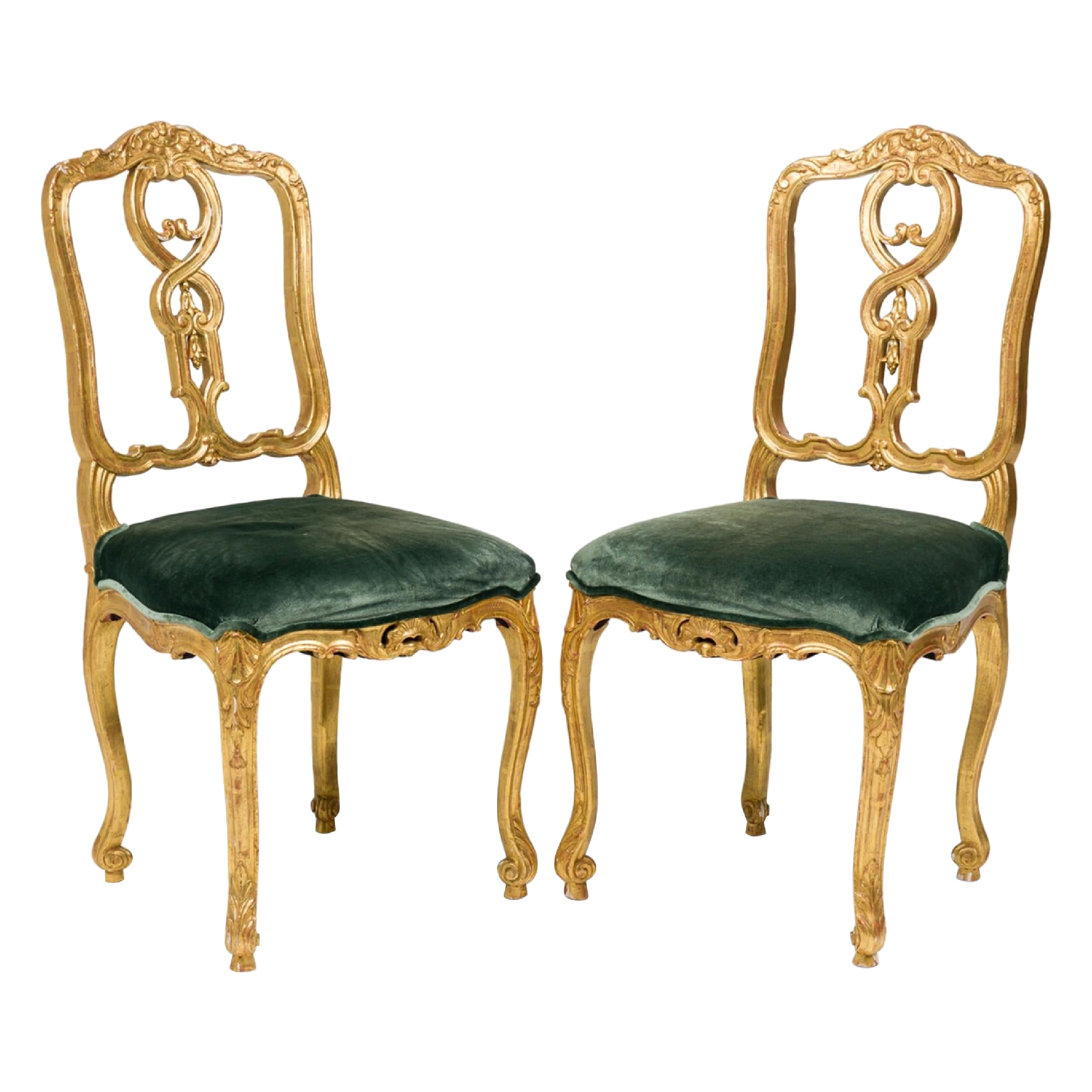 Pair of Italian Venetian 19th Century Giltwood and Green Velvet Side Chairs