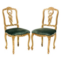 Pair of Italian Venetian 19th Century Giltwood and Green Velvet Side Chairs