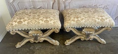 Pair of Italian Venetian Baroque Curule Stools - Hand - Carved Silvered Gilt