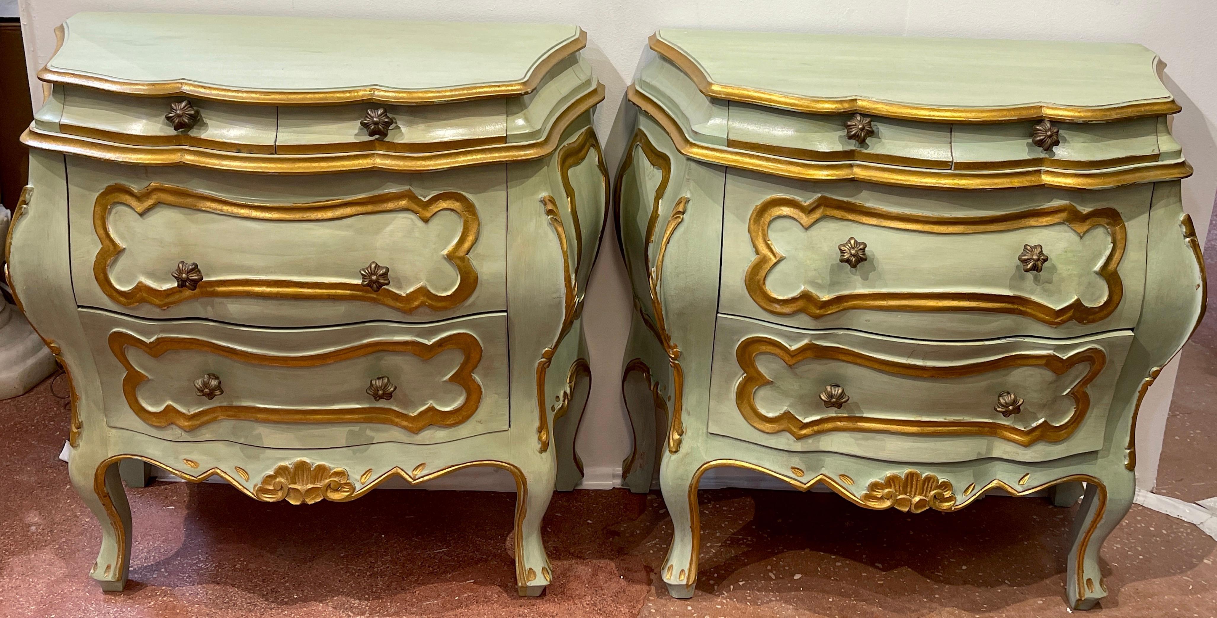 Pair of Italian Venetian blue bombe commodes / nightstands/ end tables
Each one of scalloped case with gilt decoration, fitted with two 2