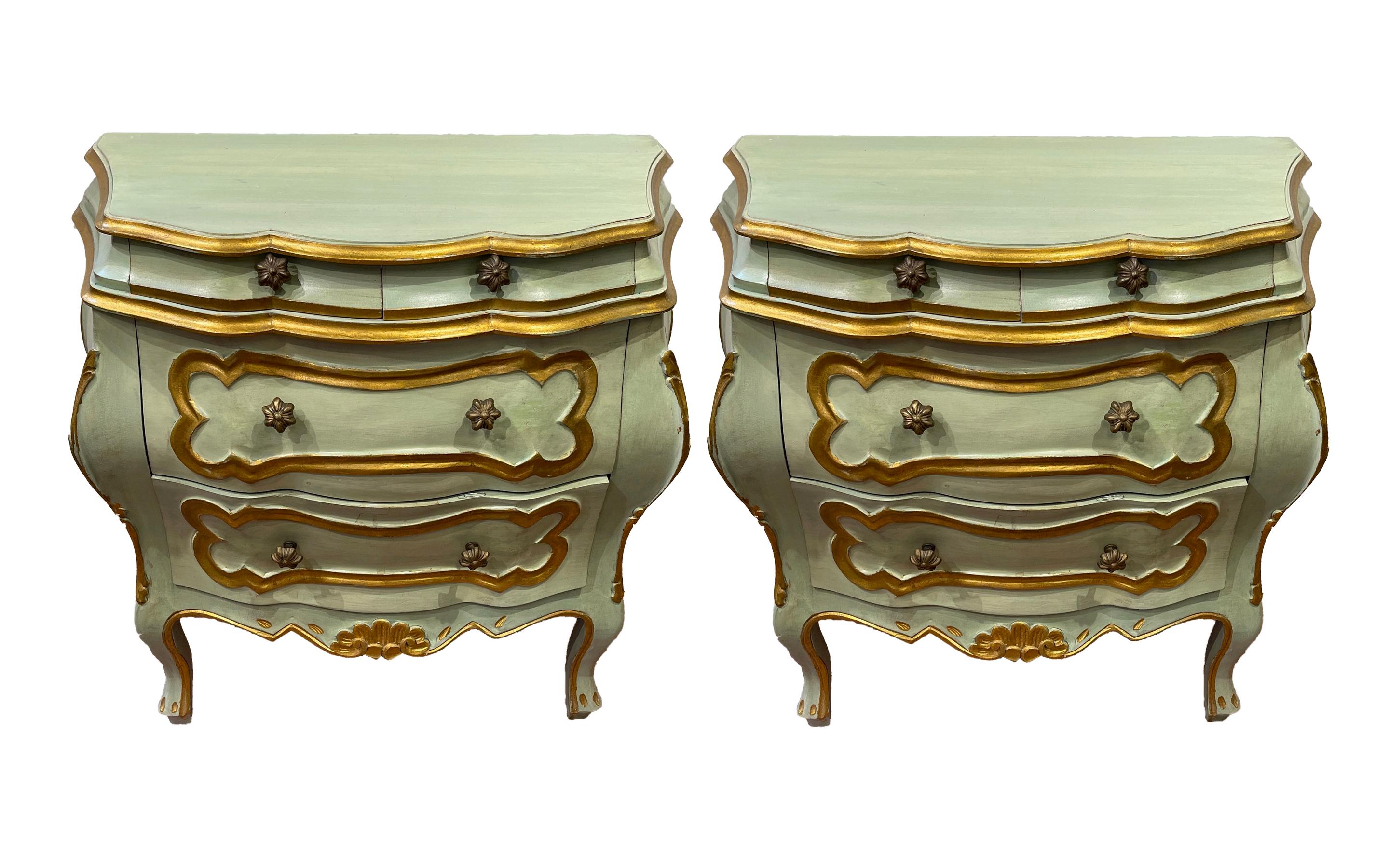 Wood Pair of Italian Venetian Blue Bombe Commodes/ Nightstands/ End Tables For Sale
