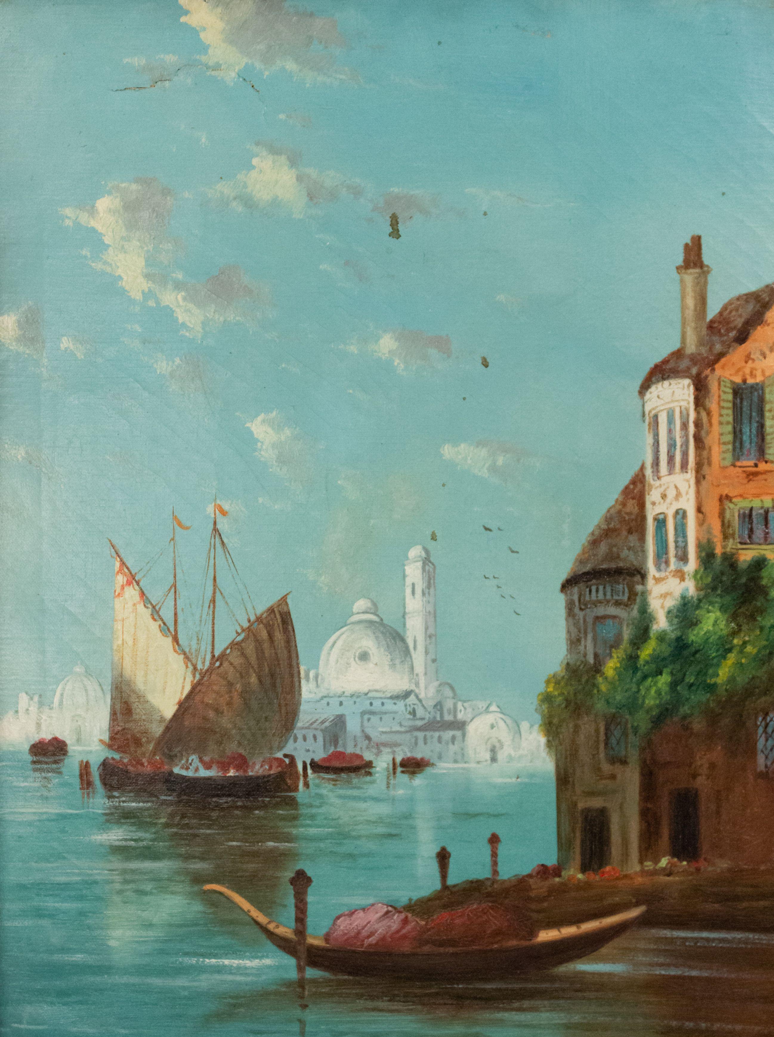 PAIR of Italian Venetian style (19th Cent) gilt framed oil paintings of canal scenes.