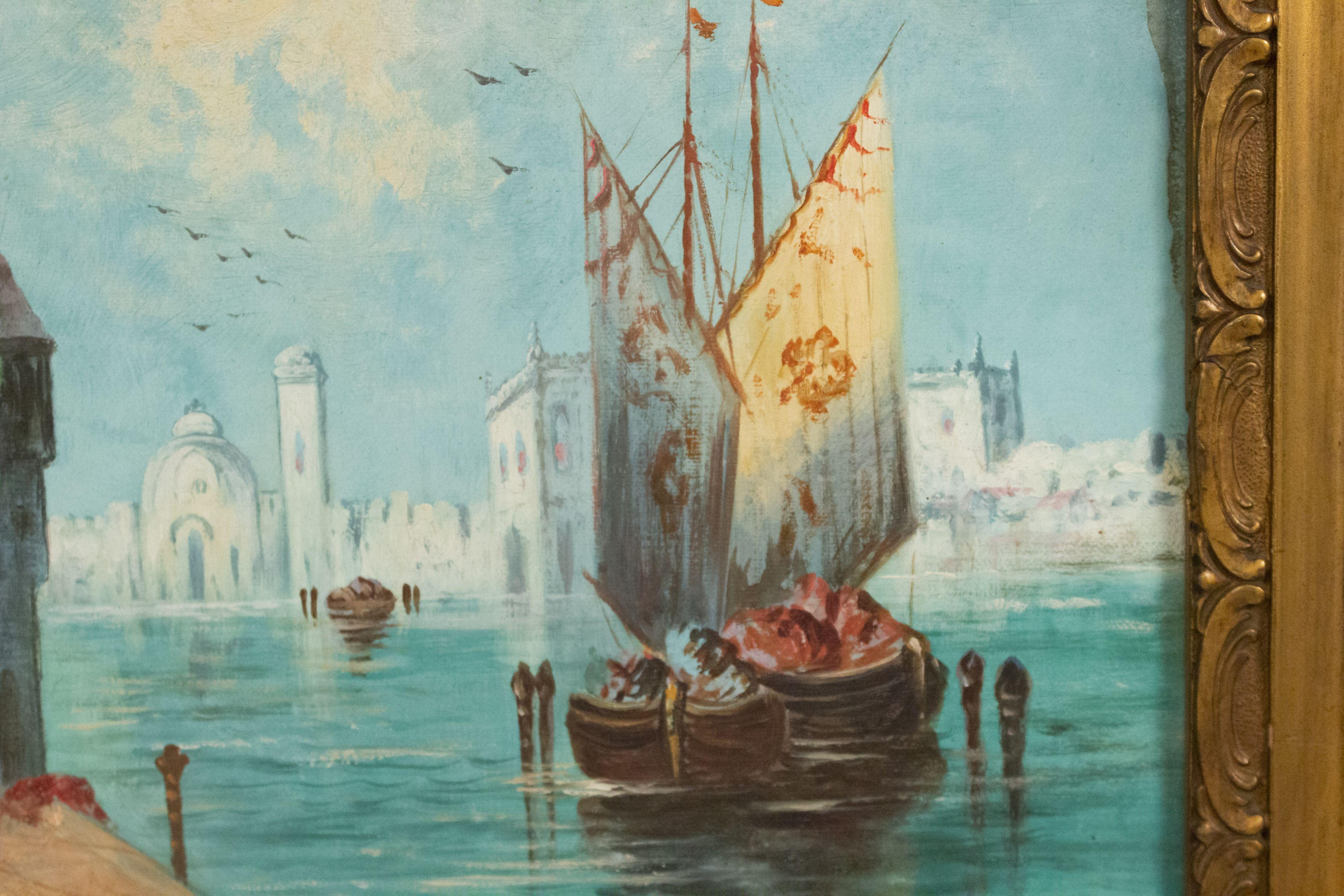Pair of Italian Venetian Canal Paintings For Sale 3