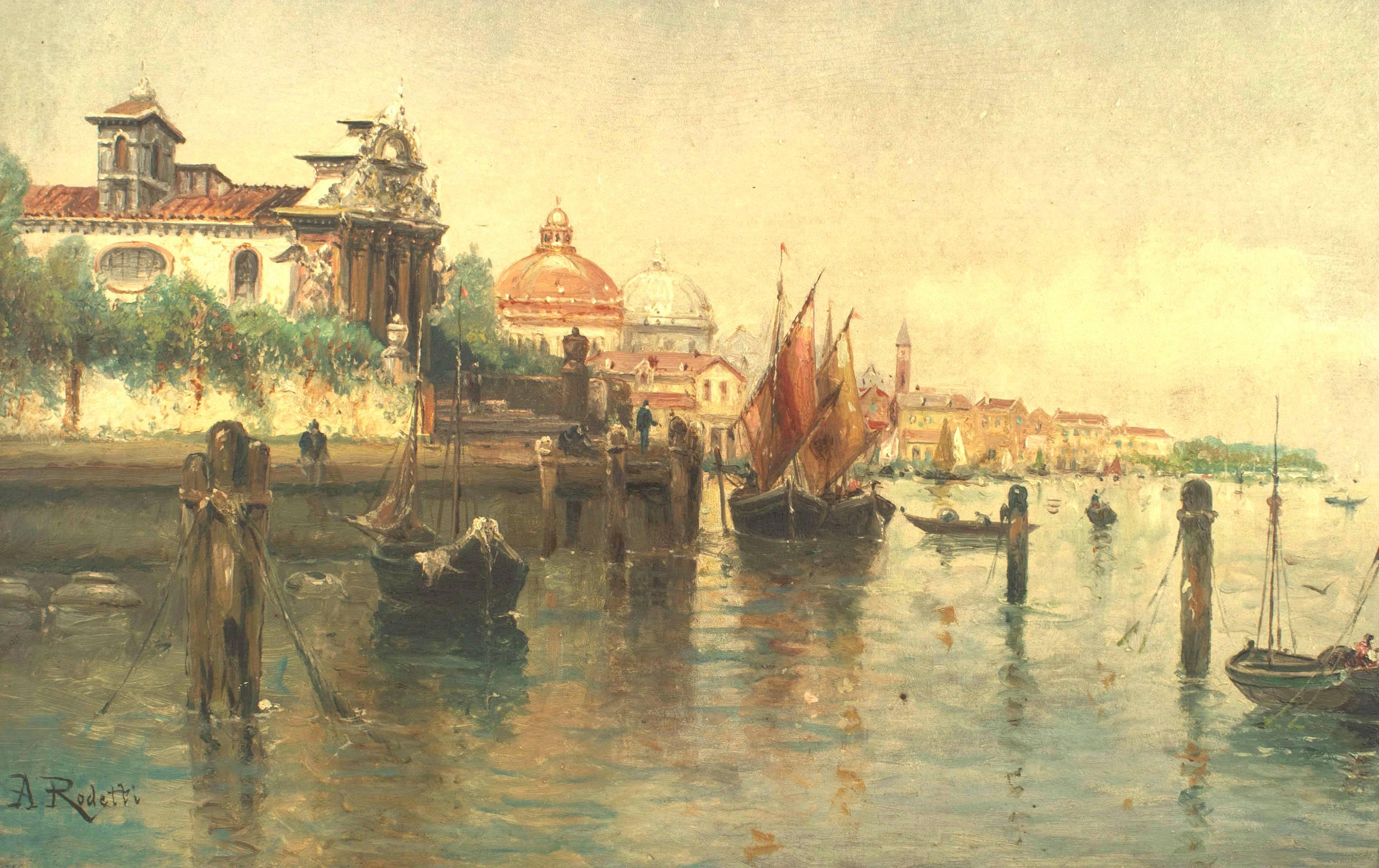 Oiled Pair of Italian Venetian Canal Scene Paintings, 19th Century