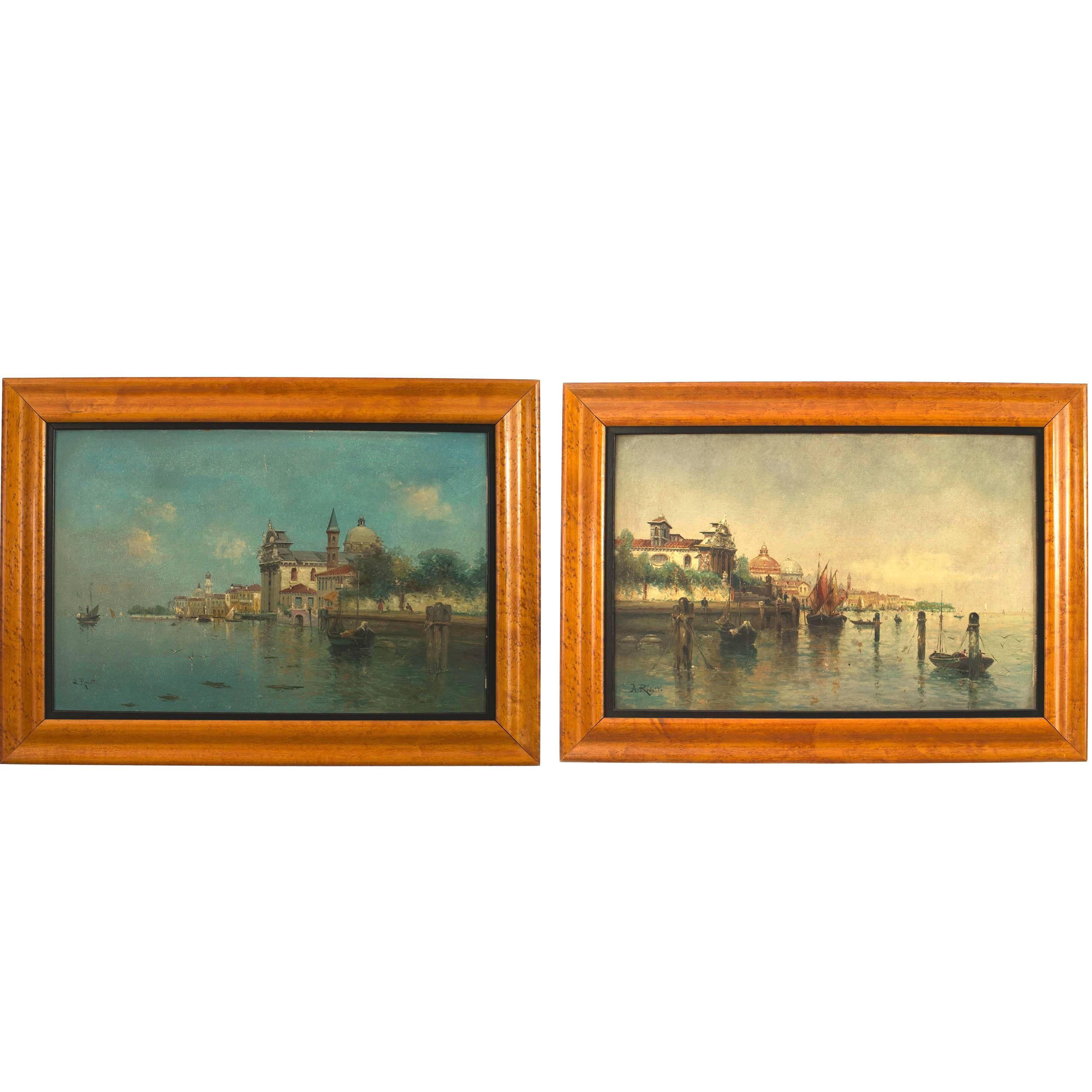 Pair of Italian Venetian Canal Scene Paintings, 19th Century