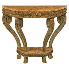 Pair of Italian Venetian Faux Marble Topped Scroll Form Carved Console Tables