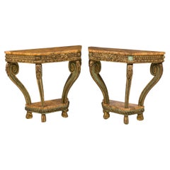 Pair of Italian Venetian Faux Marble Topped Scroll Form Carved Console Tables