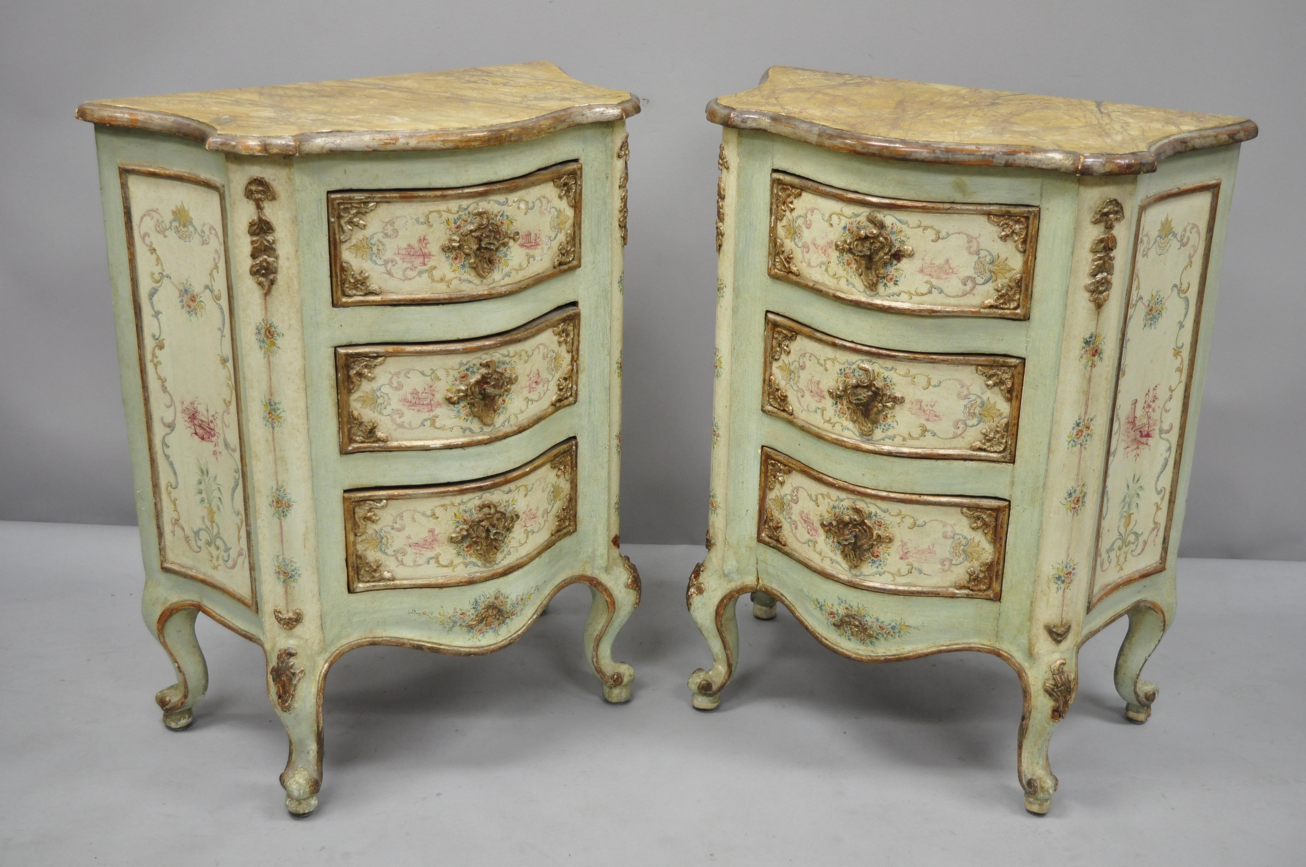 Pair of Italian Venetian Petite 3-drawer painted bombe commode nightstands. Painted faux marble tops, hand painted floral details, shapely bombe form, original label, cabriole legs, very nice antique item, great style and form. circa early 20th
