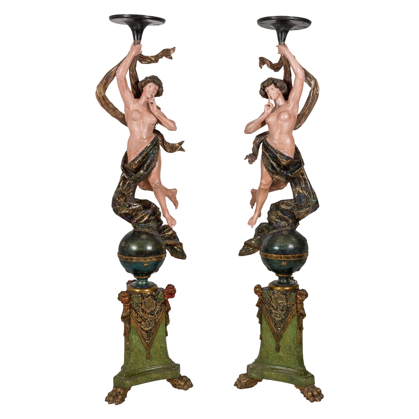 Pair of Italian Venetian Polychromed Figures For Sale