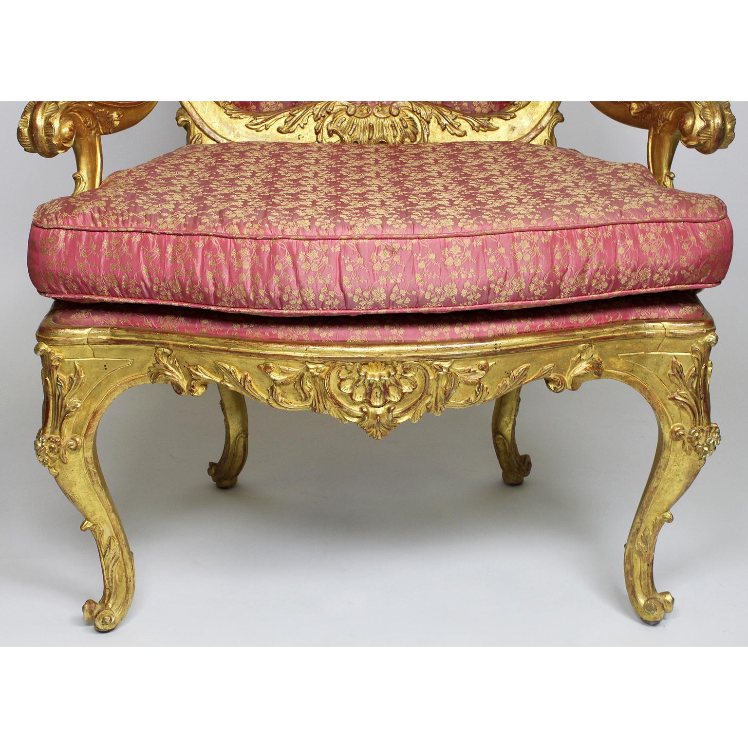 Pair of Italian Venetian Rococo Revival Style Giltwood Carved Throne Armchairs For Sale 4