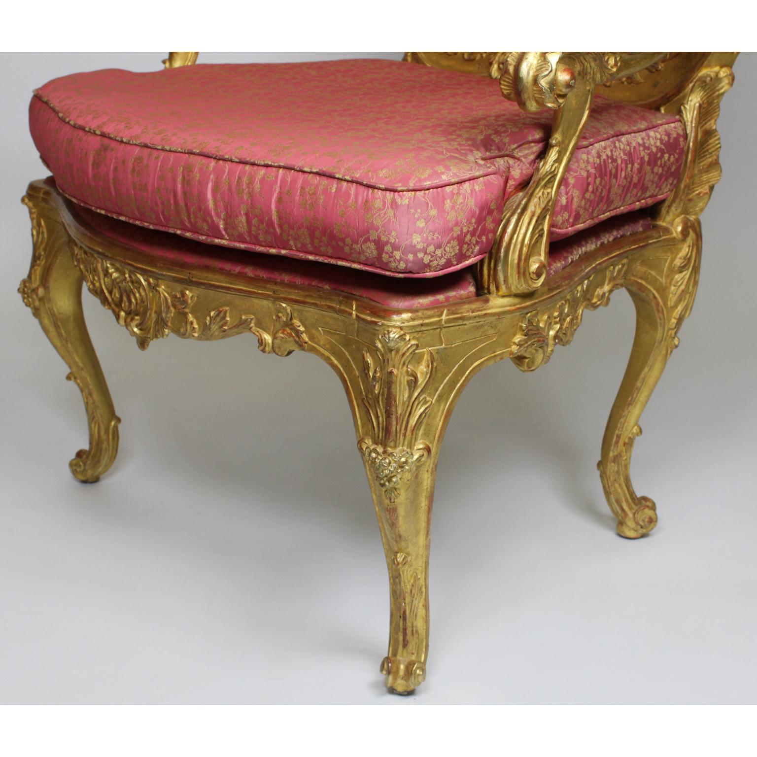 Pair of Italian Venetian Rococo Revival Style Giltwood Carved Throne Armchairs For Sale 5