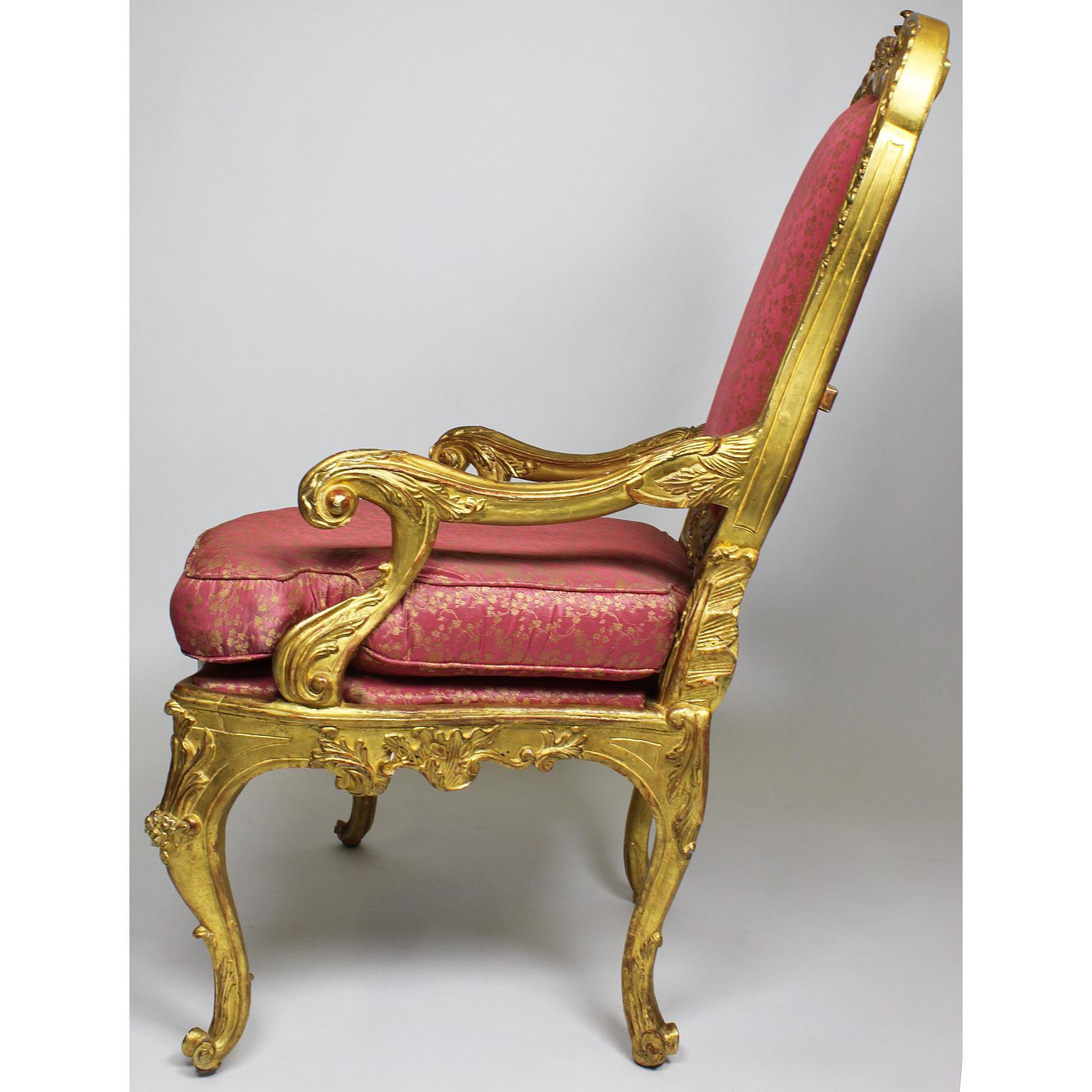 Pair of Italian Venetian Rococo Revival Style Giltwood Carved Throne Armchairs For Sale 6