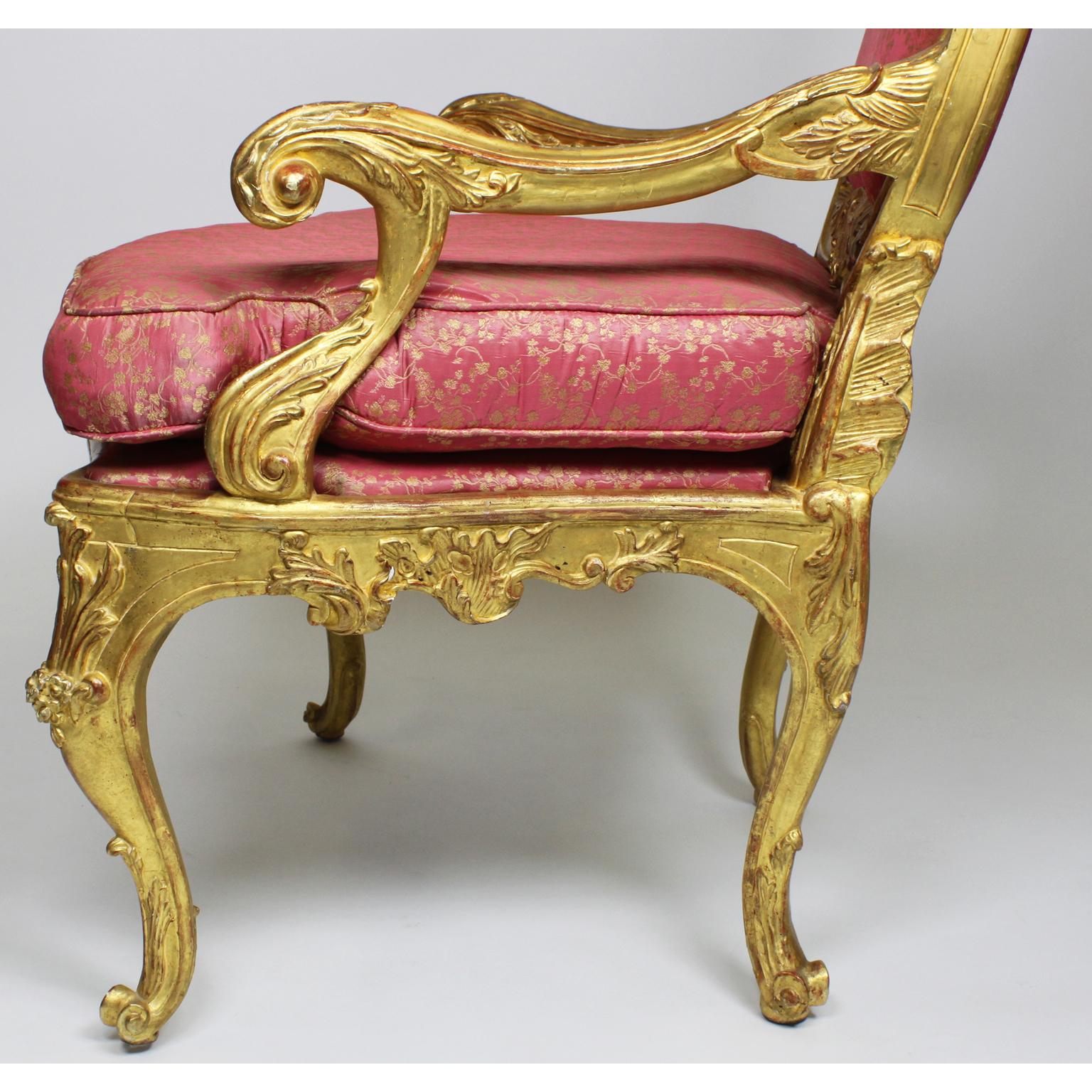 Pair of Italian Venetian Rococo Revival Style Giltwood Carved Throne Armchairs For Sale 7