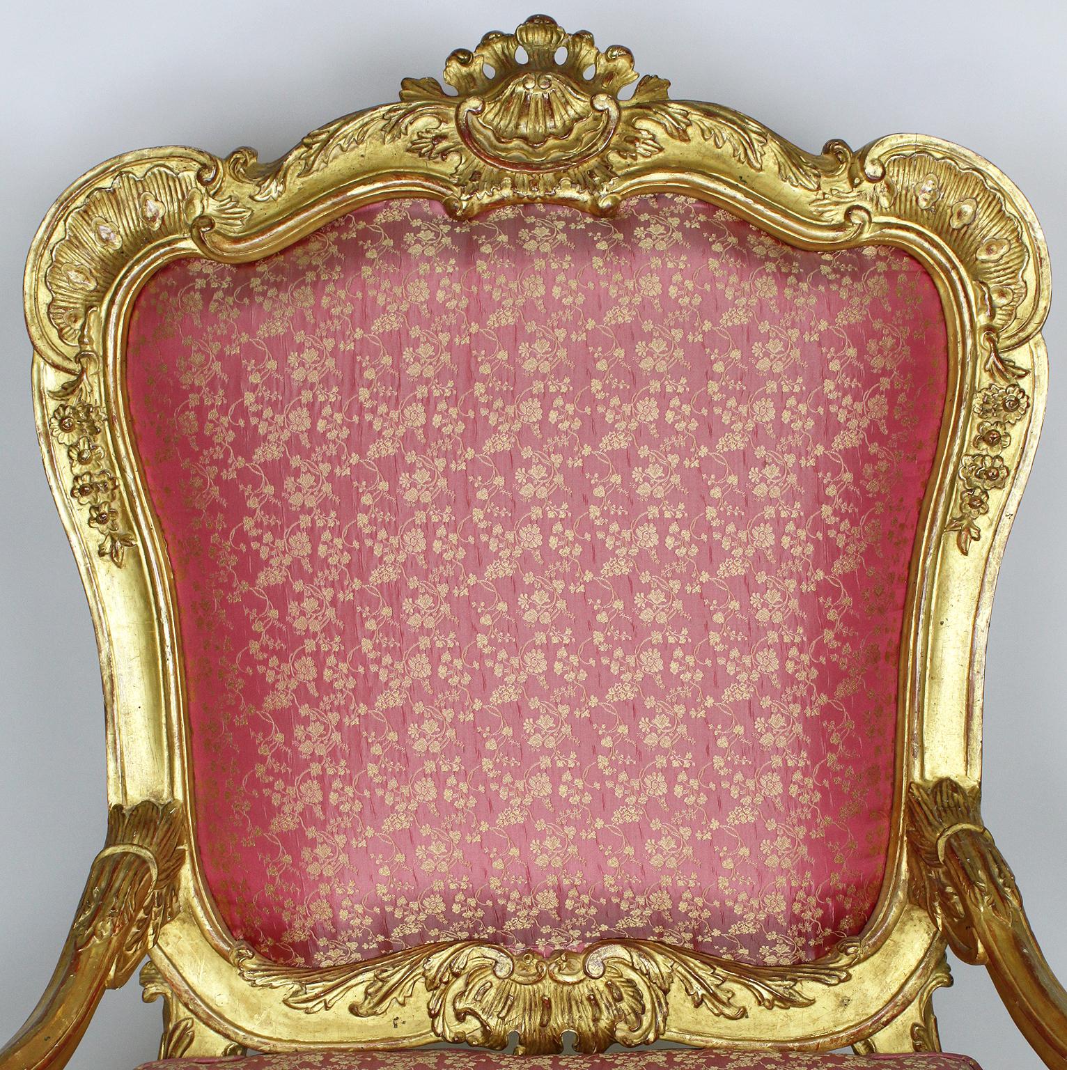 Fabric Pair of Italian Venetian Rococo Revival Style Giltwood Carved Throne Armchairs For Sale