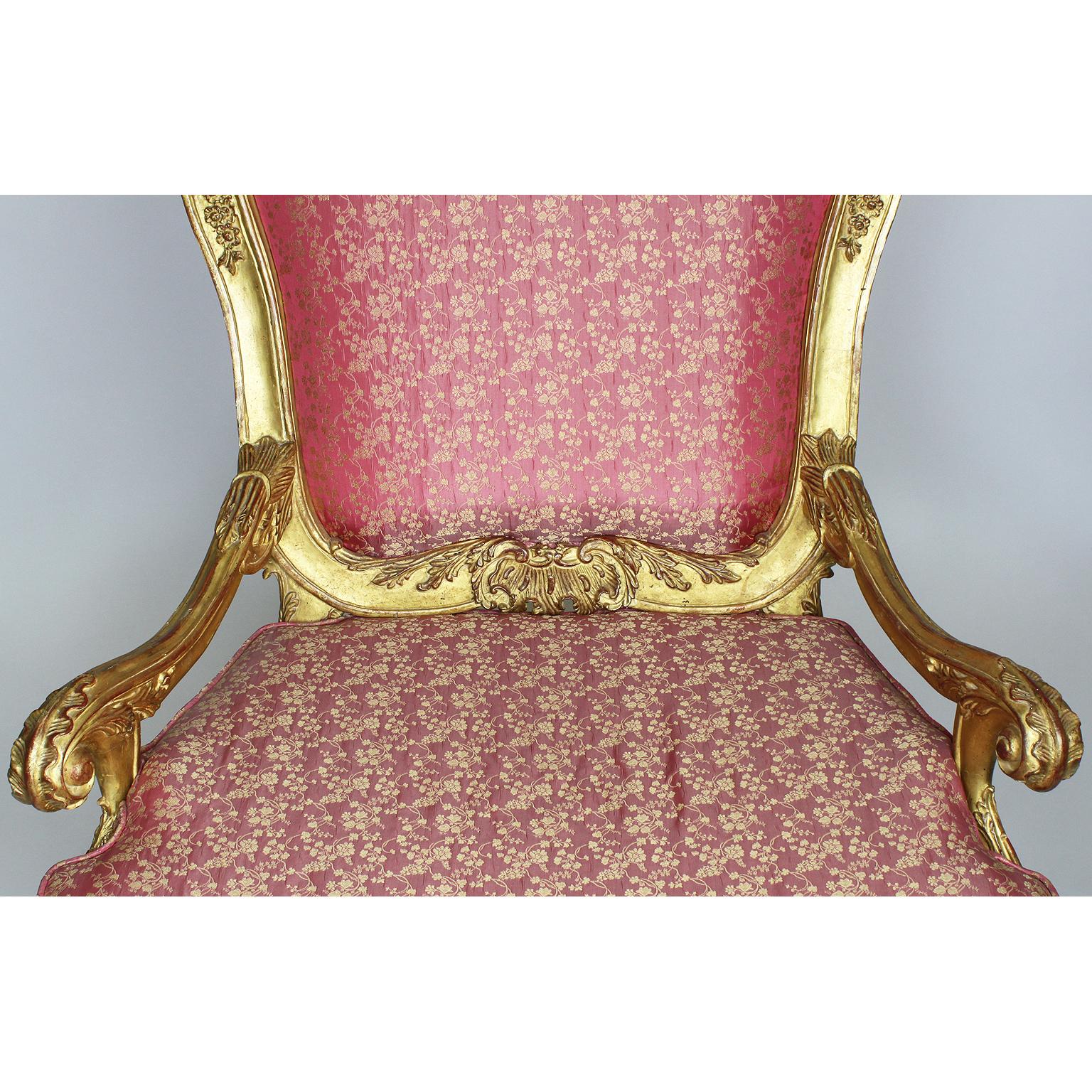 Pair of Italian Venetian Rococo Revival Style Giltwood Carved Throne Armchairs For Sale 2