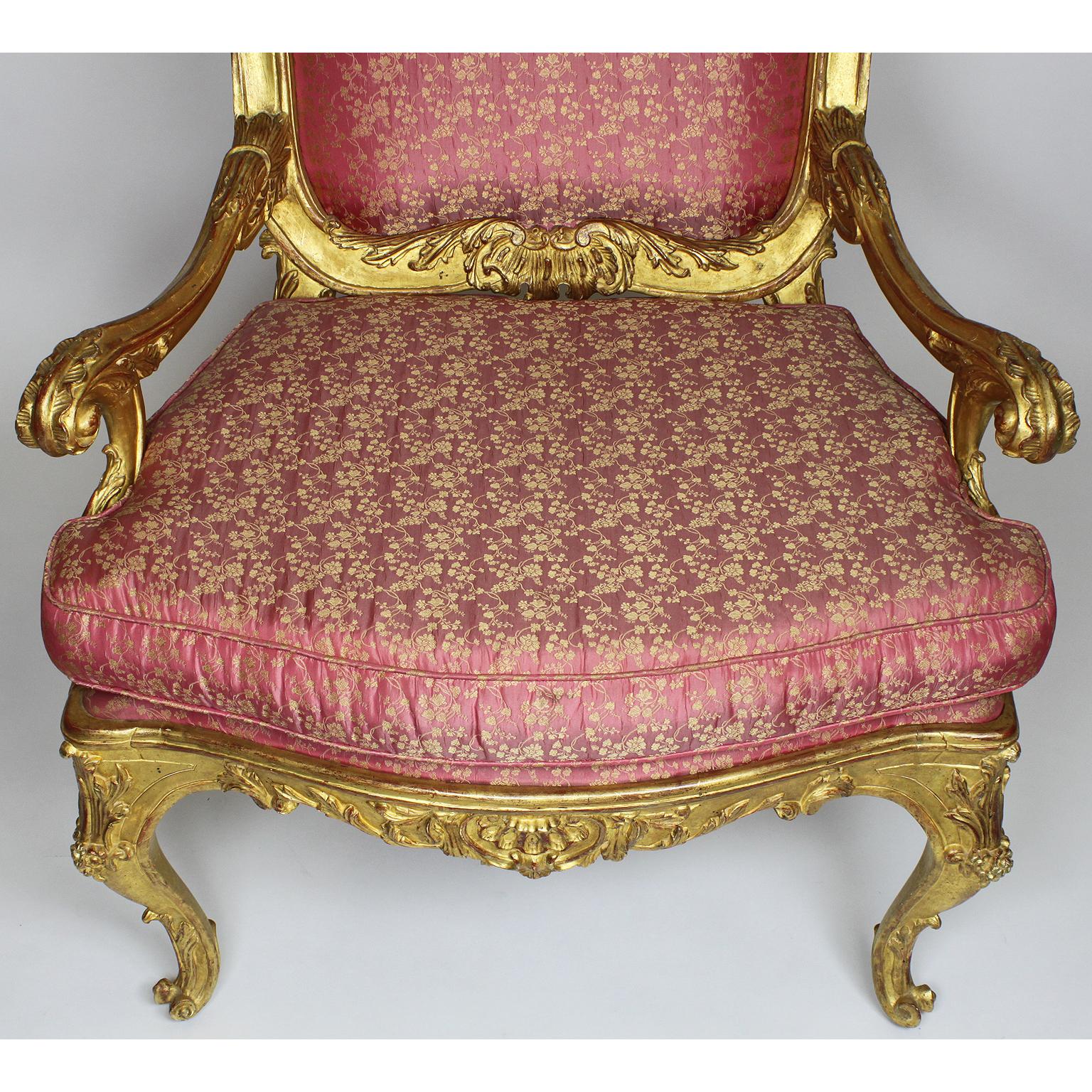 Pair of Italian Venetian Rococo Revival Style Giltwood Carved Throne Armchairs For Sale 3