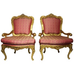 Vintage Pair of Italian Venetian Rococo Revival Style Giltwood Carved Throne Armchairs