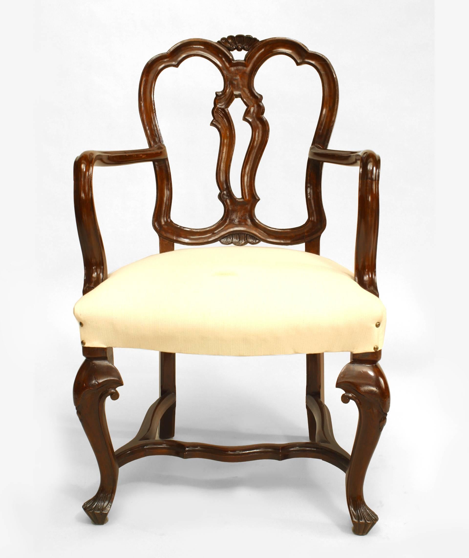 Pair of Italian Venetian style (19th Cent) walnut open back Armchairs with stretcher and upholstered seat
