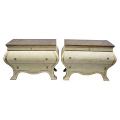 Vintage Pair of Italian Venetian Style Cream Distress Paint Bombe Commode Chest Dresser