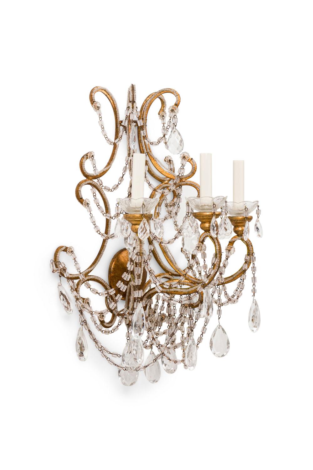 Pair of Italian Venetian Style Crystal and Metal Scroll Arm Sconces Italiano en venta