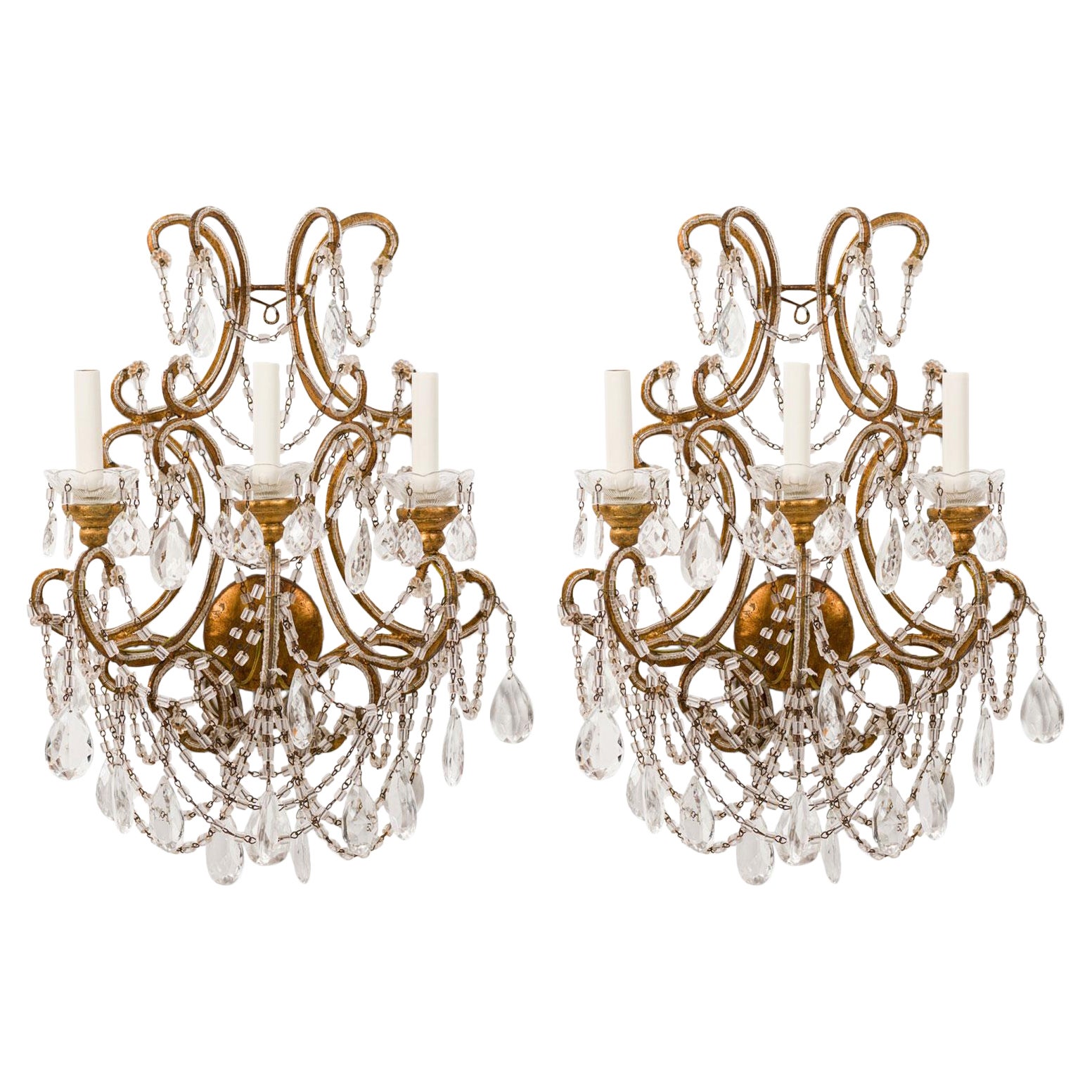 Pair of Italian Venetian Style Crystal and Metal Scroll Arm Sconces