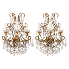 Pair of Italian Venetian Style Crystal and Metal Scroll Arm Sconces