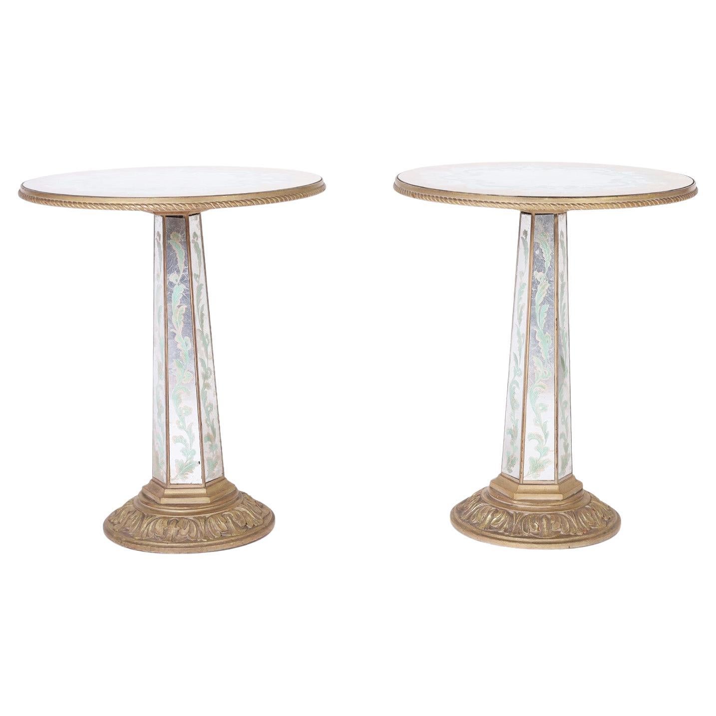 Pair of Italian Venetian Style Mirrored Round Pedestal Stands or Tables