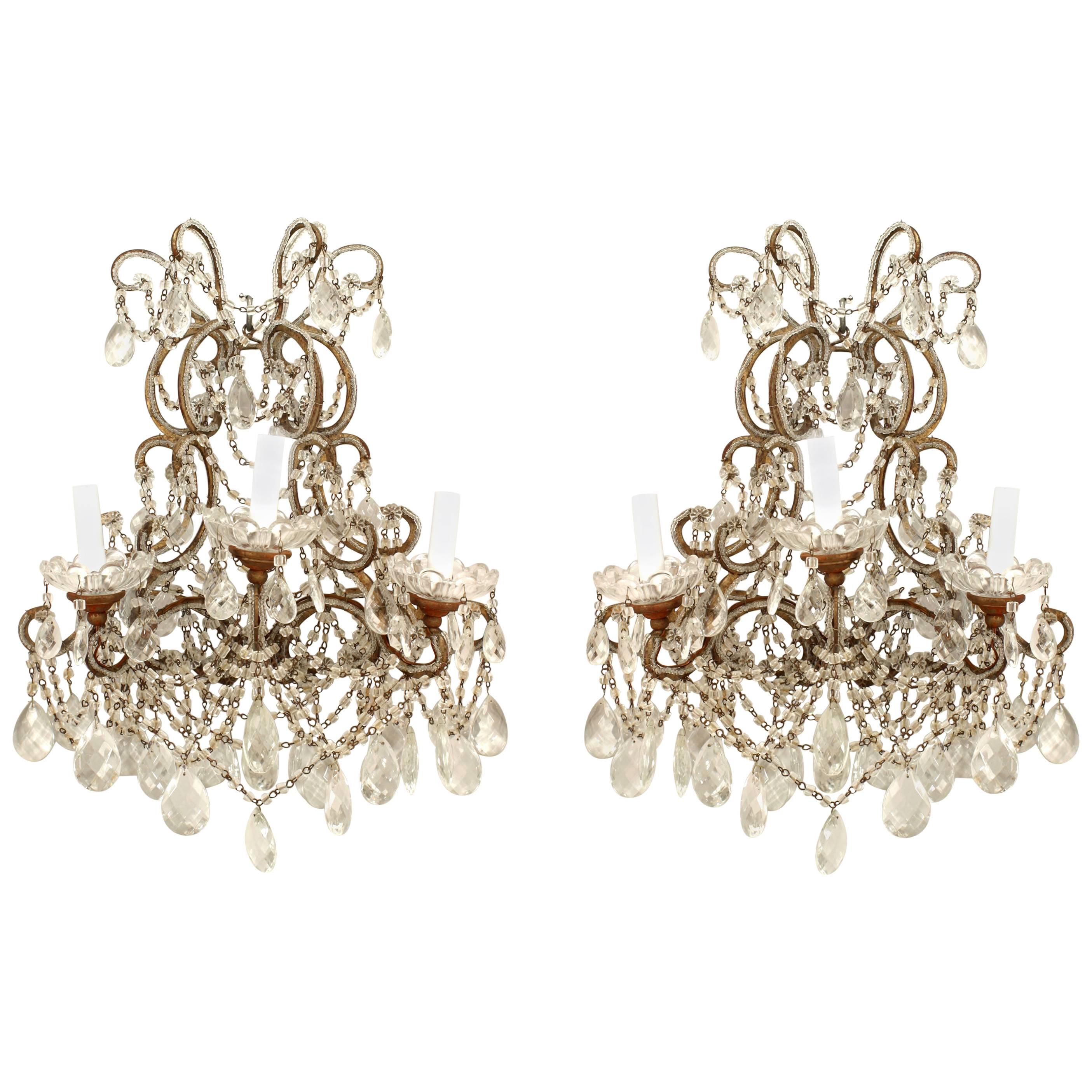 Pair of Venetian Style Metal Scroll & Crystal Wall Sconces Maison Bagues Mannner For Sale