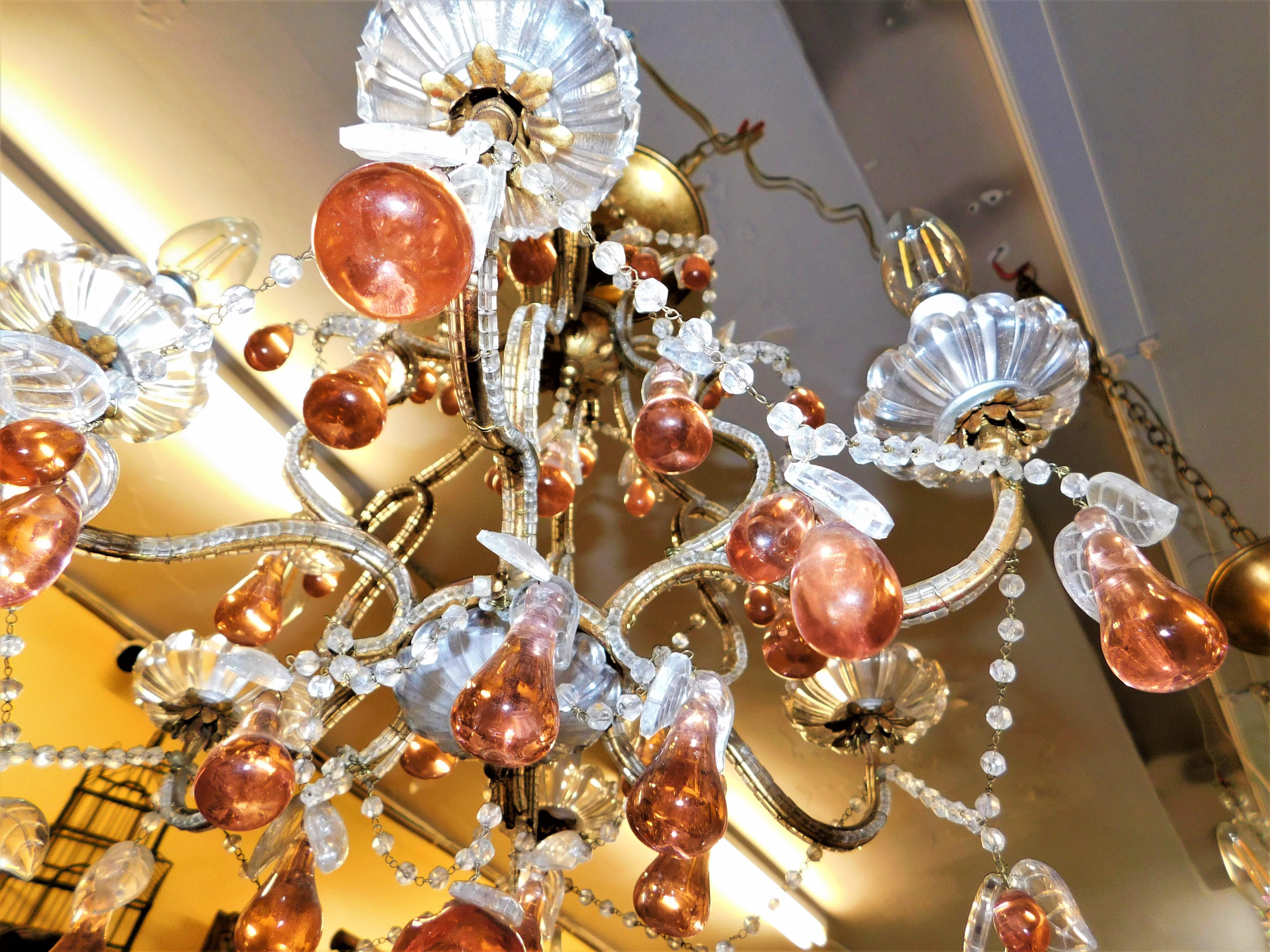 Gilt Pair of Italian Venice Murano Glass Crystal Fruit Hanging Chandeliers 