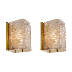 Pair of Italian Venini Murano 1950s glass and brass and textured wall lights