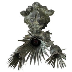 Pair of Italian Verdigris Lion Mask Foliate Wall Sconces, Baroque Revival
