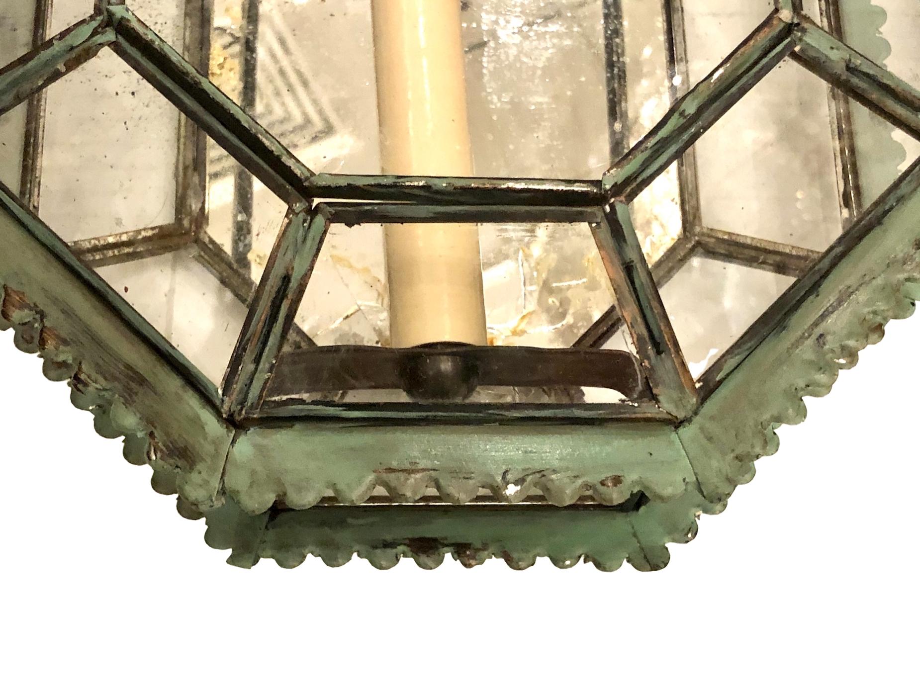 Pair of Italian Verdigris Tole and Mirror Sconces In Good Condition In New York, NY
