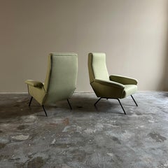 Pair of Italian vintage armchairs 1950s/1960s, brass feet, green fabric