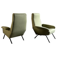 Pair of Italian vintage armchairs 1950s/1960s, brass feet, green fabric