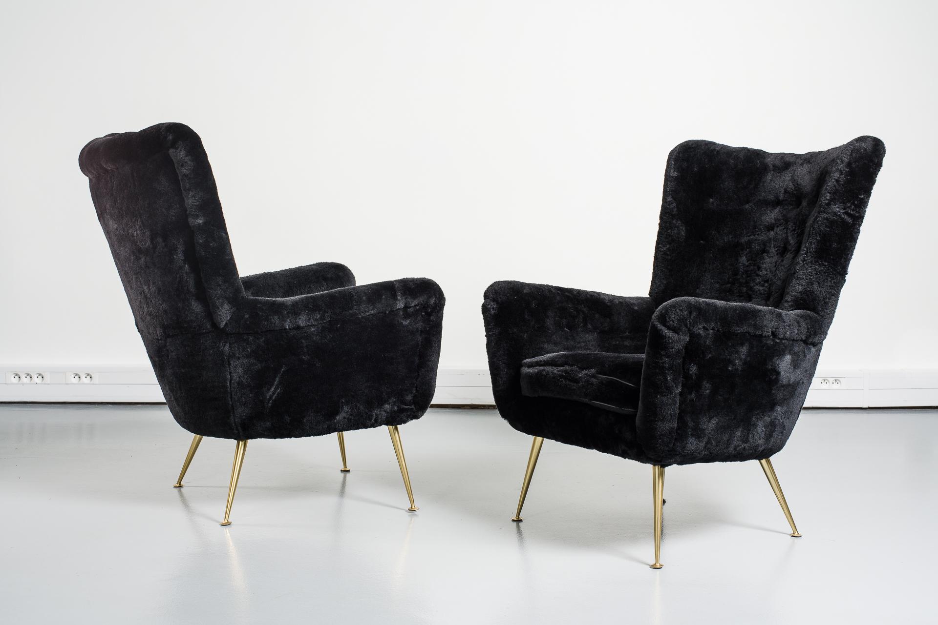 Mid-Century Modern Pair of Italian Vintage Armchairs, Black Shearling Upholstery