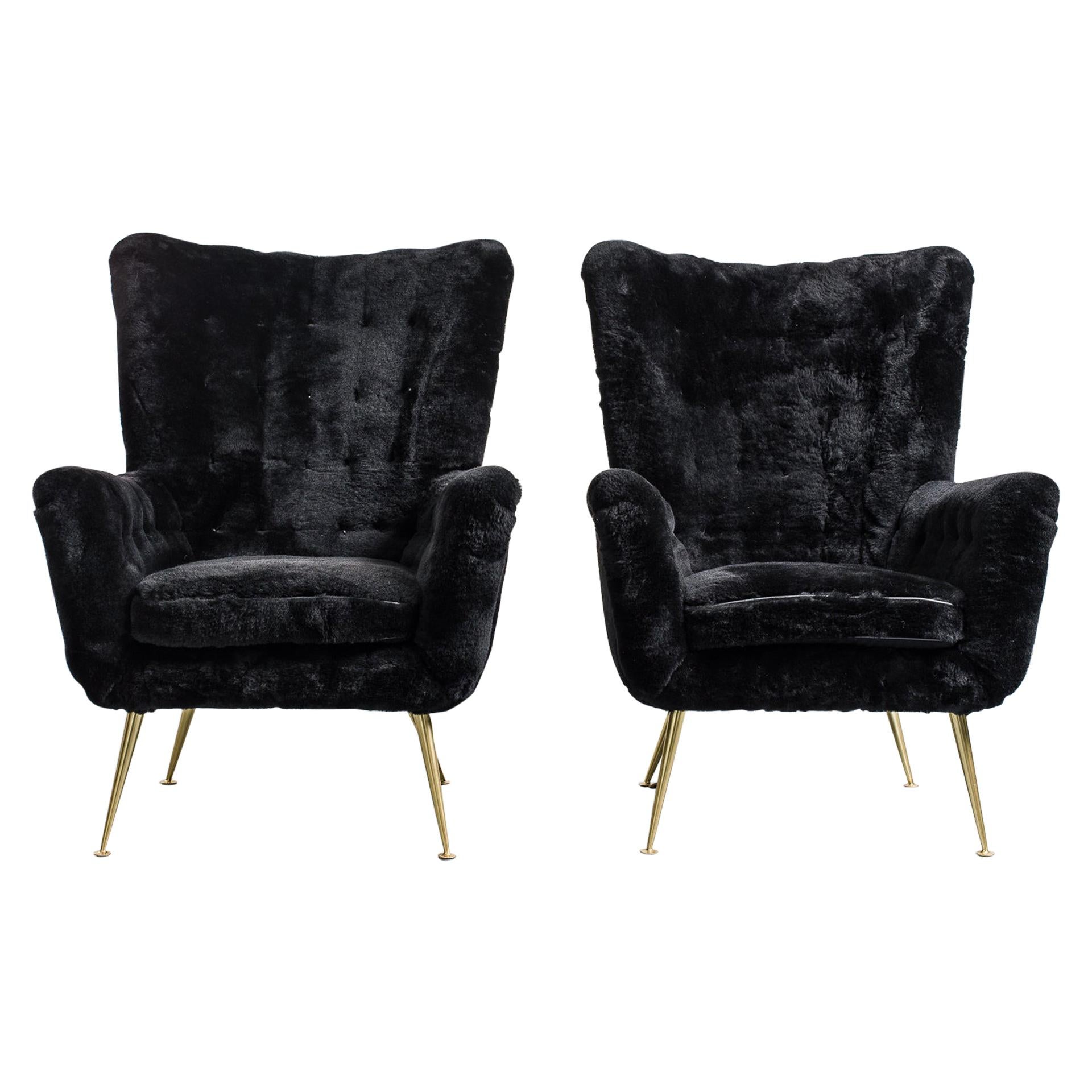Pair of Italian Vintage Armchairs, Black Shearling Upholstery