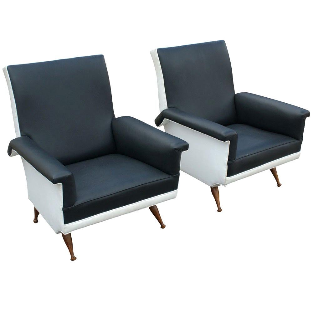 Pair of Italian Vintage Black and White Lounge Chairs For Sale