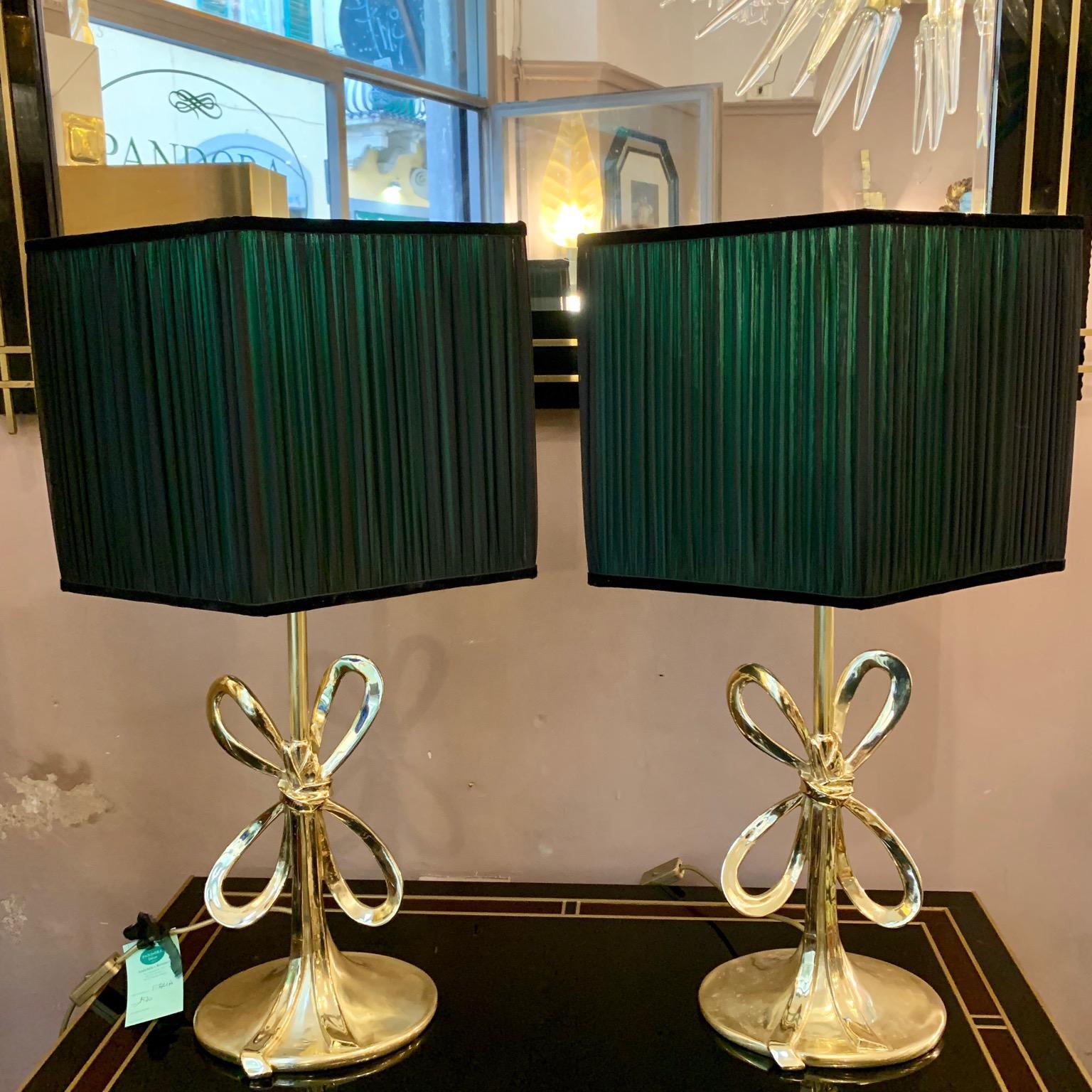 Pair of Italian Vintage Brass Bow Table Lamps Oval Base, 1970s 1