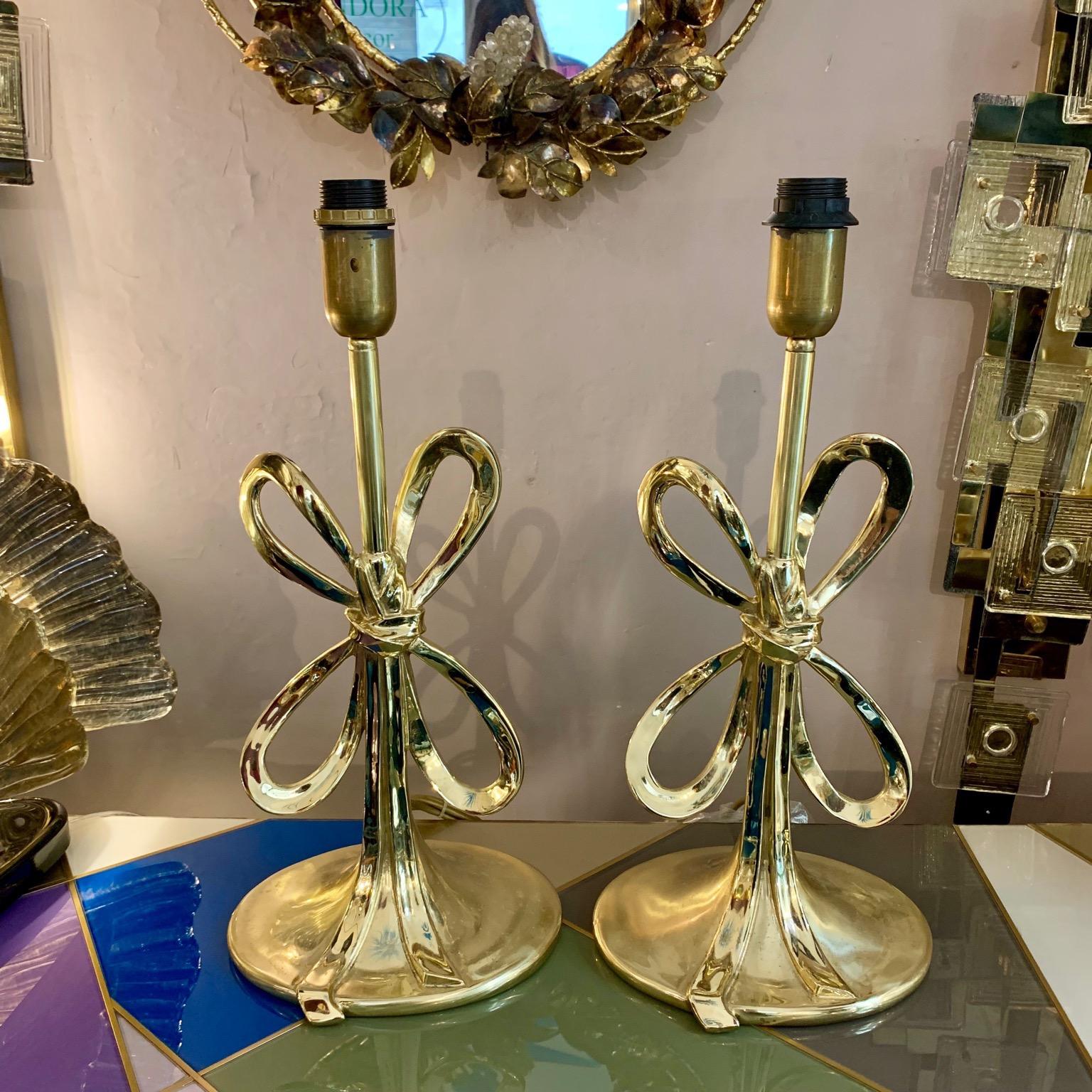 Pair of Italian Vintage Brass Bow Table Lamps Oval Base, 1970s 4